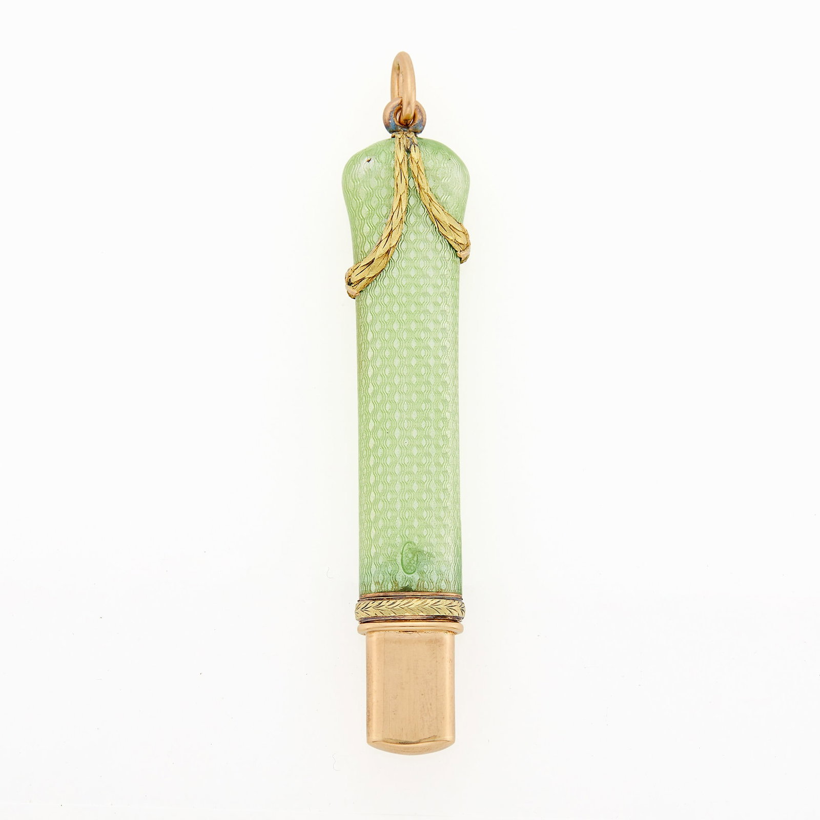 Russian Two-Color Gold-Mounted Guilloché Enamel and Silver-Gilt Pencil: 1899-1908 Of flattened tapering form, enameled in translucent pale green over an engine-turned ground, mounted with gold laurel swags and a gold laurel collar, the removable pencil with a gold mount,