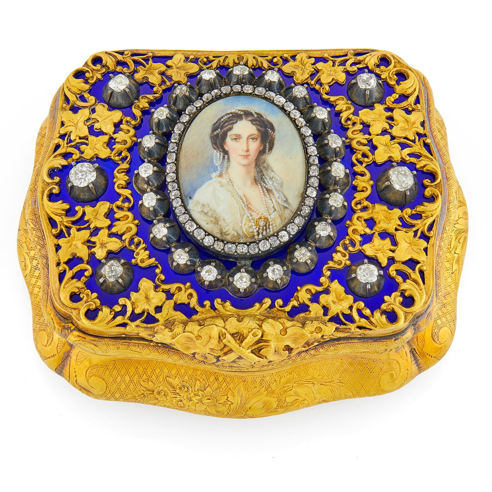 Jeweled Gold and Guilloché Enamel Imperial Presentation Snuff Box: Unmarked, probably Hanau, circa 1870 Cartouche-shaped, with baluster sides, the cover set with six old mine cut diamonds and enameled in translucent royal blue over a wavy engine-turned ground, under