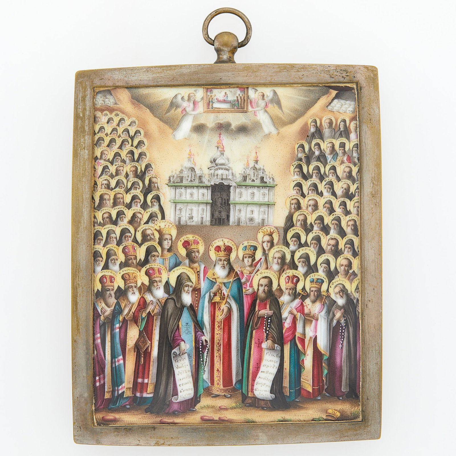 Russian Enamel Icon of the Assembly of the Fathers of the Kiev Pechersk Lavra: 19th centuryThe reverse inscribed in Russian with the Kontakion of the Assembly of the Venerable Fathers.Height 4 5/8 inches (11.7 cm), width 3 3/4 inches (9.5 cm).