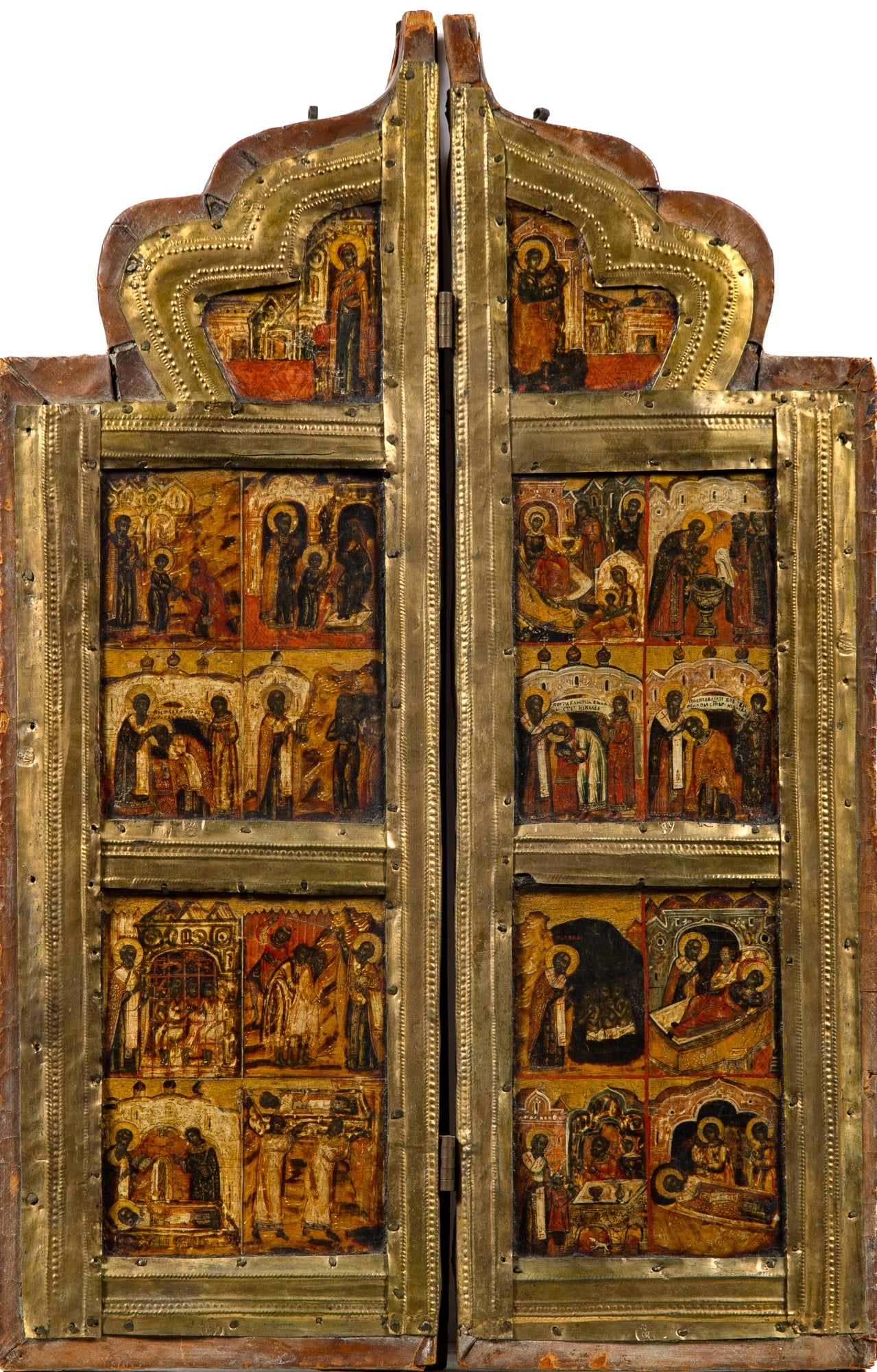 Two Russian Silver-Mounted Icon Panels Depicting Scenes from the Life of St. Nicholas (1 of 3)