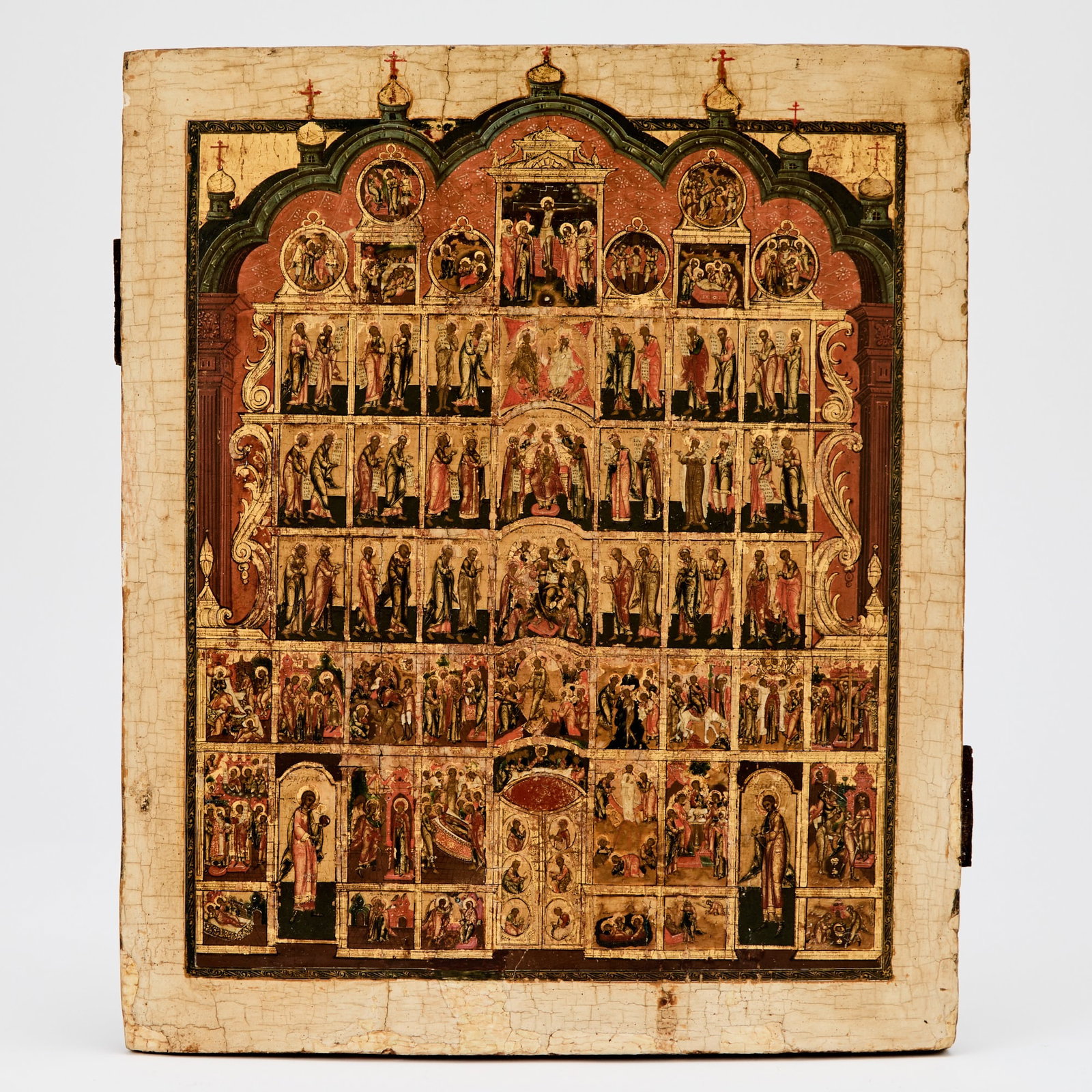 Russian Icon of an Iconostasis: Circa 1700Depicting the rows from bottom to top, Local, Festive, Deesis, Prophets, Forefathers, the reverse with paper gallery label.14 x 11 1/2 inches (36 x 29 cm). Provenance:With Maria Andipa Icon