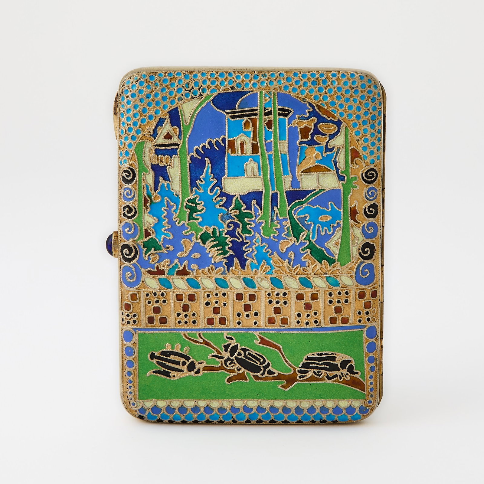 Russian Silver-Gilt and Cloisonné Enamel Cigarette Case: Maker's mark ДС, Moscow, 1908-1917 Rectangular, the cover and base varicolor enameled in the style of Ivan Bilibin with a palace in a forest landscape above border with beetles on a branch