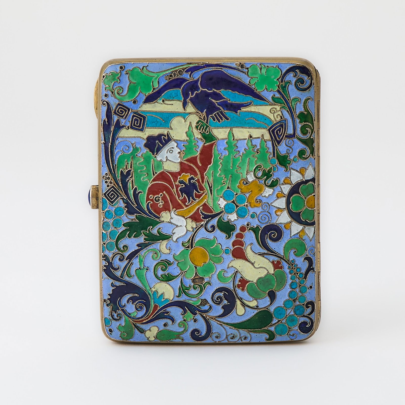 Russian Silver-Gilt and Cloisonné Enamel Cigarette Case: Maker's mark ДС, Moscow, 1908-1917 Rectangular, enameled with a scene from The Frog Princess [Царевна Лягушк&#