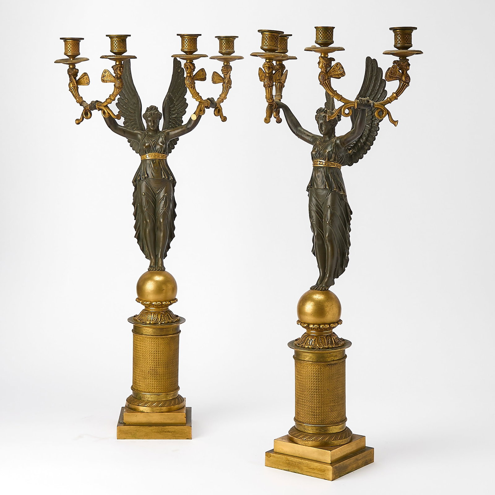 Pair of Empire Style Patinated and Gilt-Bronze Figural Four-Light Candelabra (1 of 6)