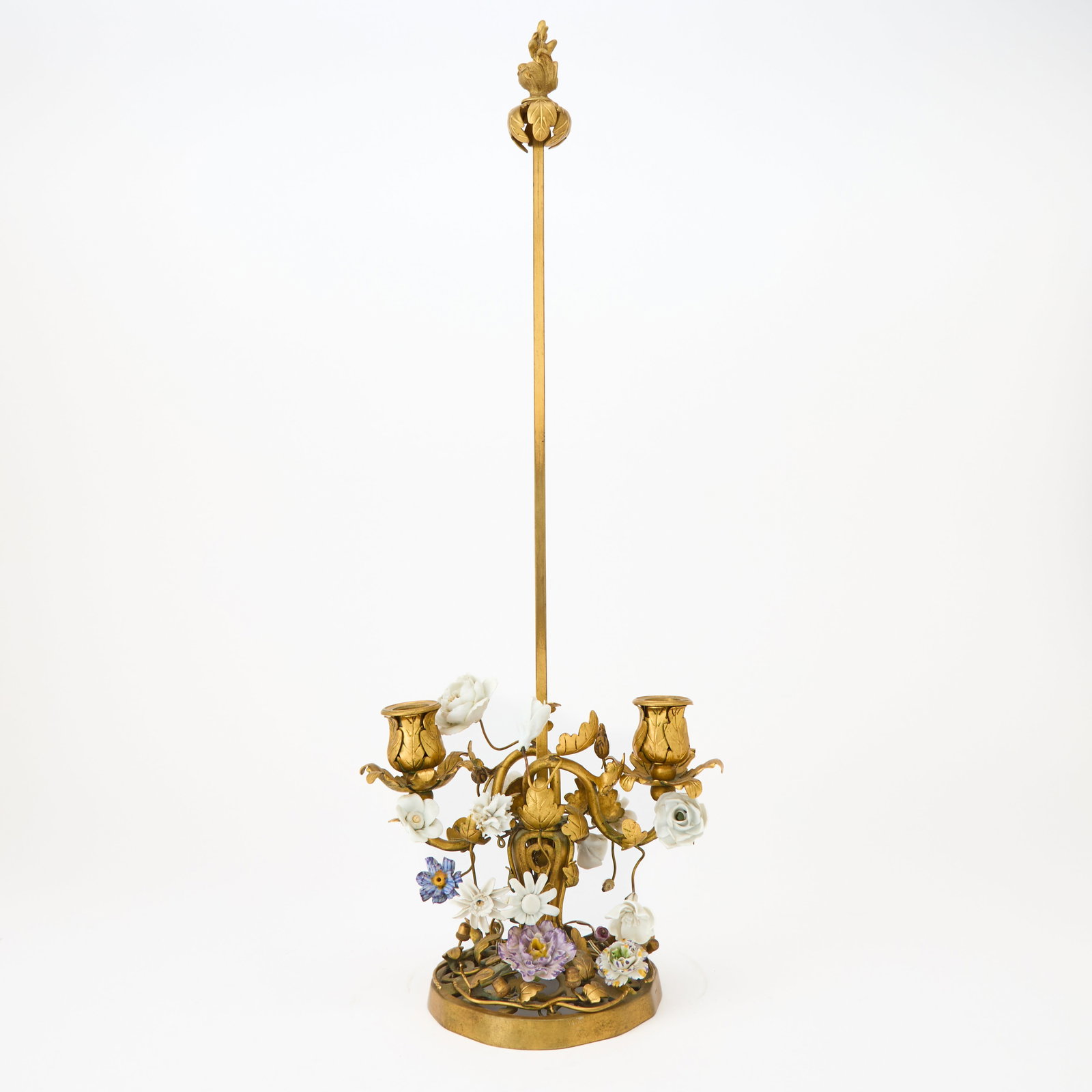 Gilt-Bronze and Porcelain Table Lamp: Height of candelabra 7 1/4 inches, height overall 24 inches. chips to porcelain flowers