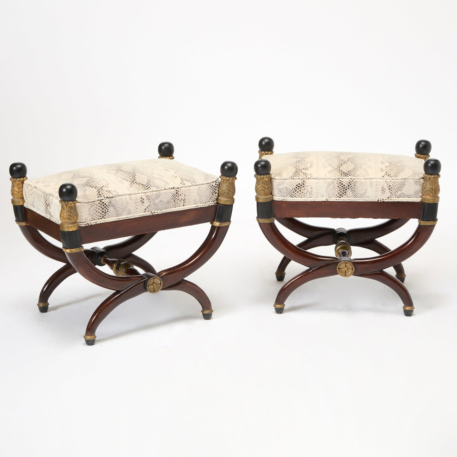 Pair of Empire Style Part-Ebonized and Parcel Gilt Upholstered Stools (1 of 4)