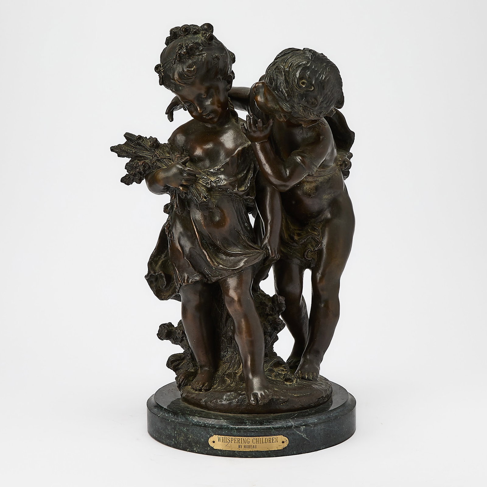 Patinated Bronze Group: Whispering Children: Cast after August Moreau, 20th century Height 18 1/2 inches.