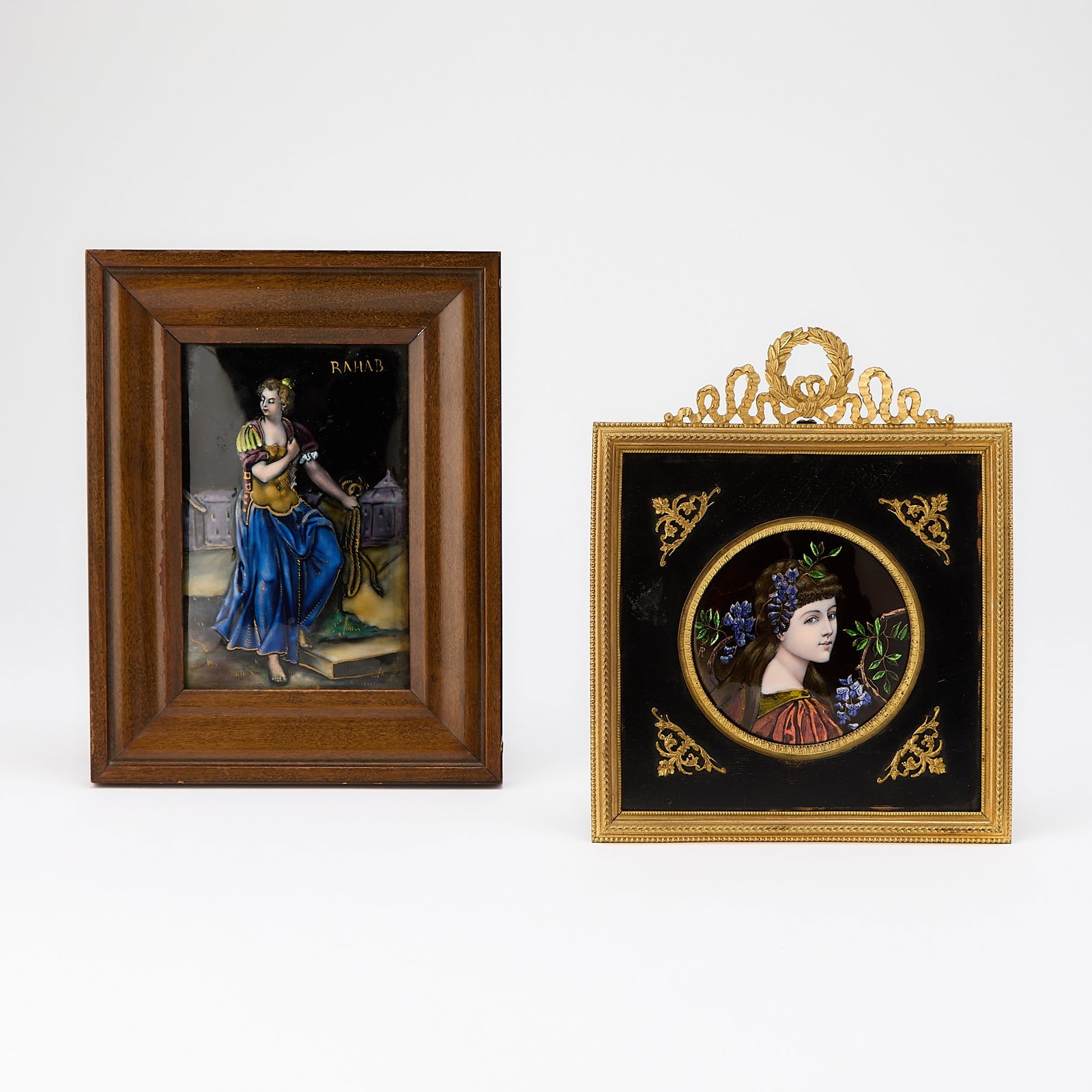 Two Limoges Enamel Plaques: The first depicting a woman, inscribed Rahab, 5 1/2 x 3 1/2 inches; the other a roundel profile portrait of a woman, diameter 3 1/2 inches.