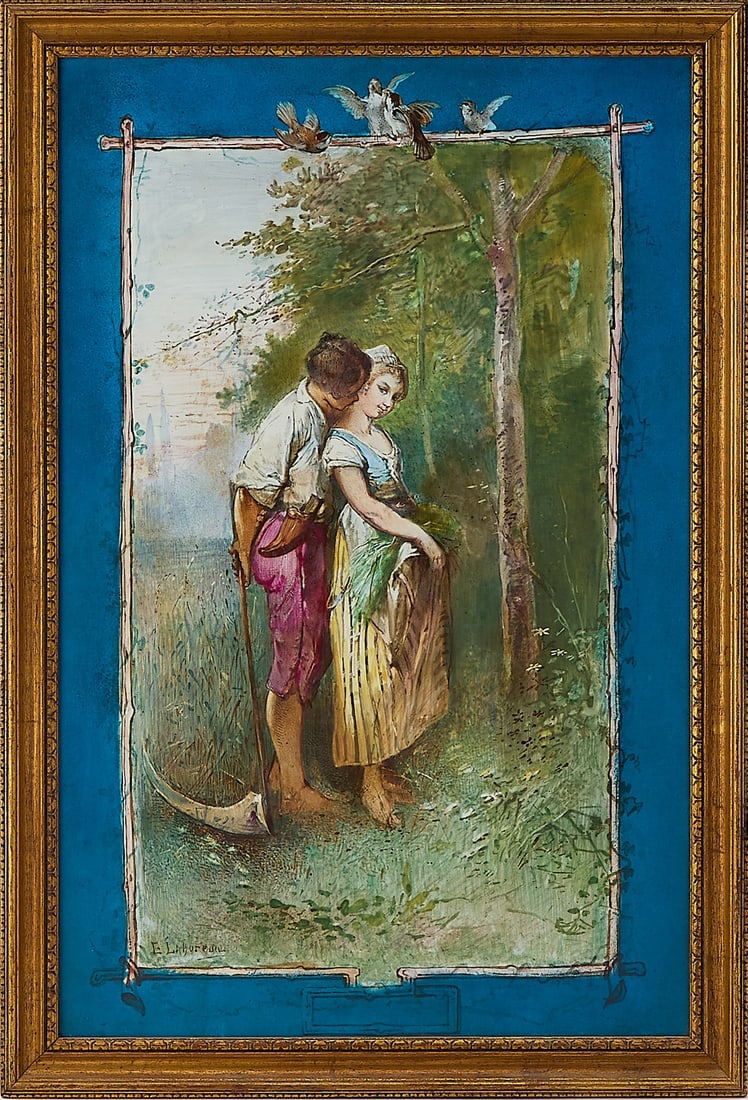 Continental Porcelain Plaque: Signed E. La Burpuil, early 20th centuryDepicting a buccholic scene of a peasant coule in a field, signed lower left. Height 17 1/2 inches, width 11 1/4 inches.