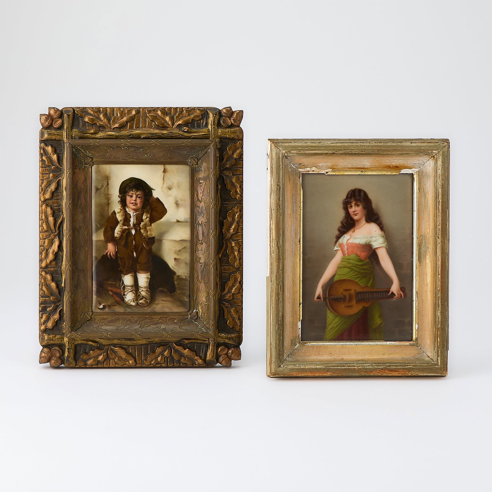Two German Porcelain Plaques: Early 20th centuryOne depicting a peasant boy, height 5 1/2 inches, width 3 3/4 inches; the other titled Madchen aus der Fremde, after Lichel, height 6 inches, width 4 inches.