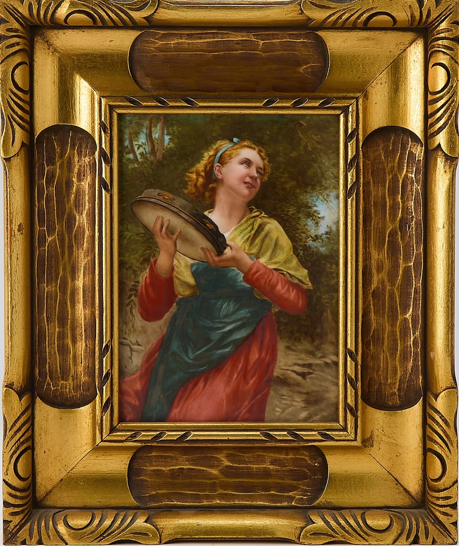 German Porcelain Plaque of a Tambourine Dancer: Early 20th centuryHeight 9 1/2 inches, width 6 1/2 inches; frame height 16 1/2 inches, width 13 3/4 inches.
