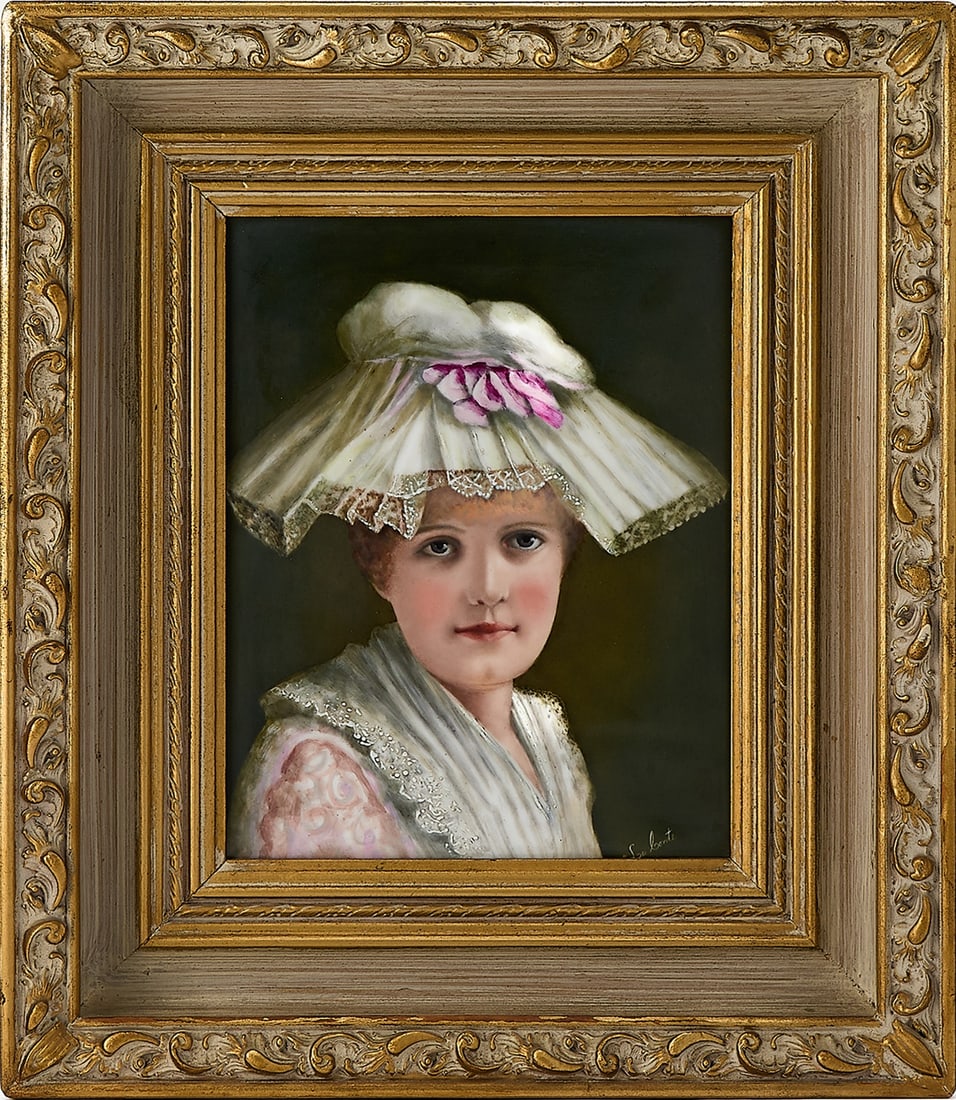 German Porcelain Plaque of a Woman with Hat: Signed Lou ConteHeight 9 1/2 inches, width 7 1/4 inches; frame height 16 inches, width 13 3/4 inches.