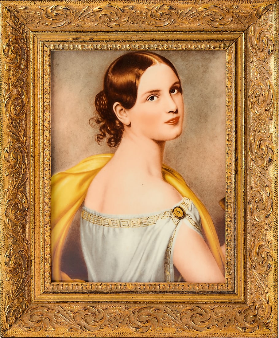 German Porcelain Plaque of Antonia Wallinger von Ott: Early 20th centuryHeight 9 inches, width 6 3/4 inches; frame height 13 inches, width 10 3/4 inches.