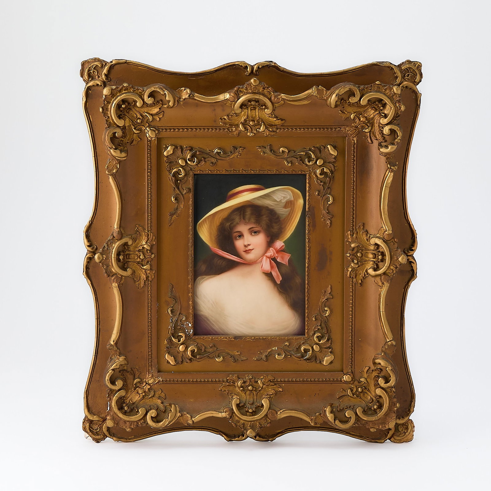 Continental Porcelain Plaque of Jeunesse Bellet: Early 20th centuryHeight 6 3/4 inches, width 4 1/2 inches; frame height 16 inches, width 14 1/2 inches.