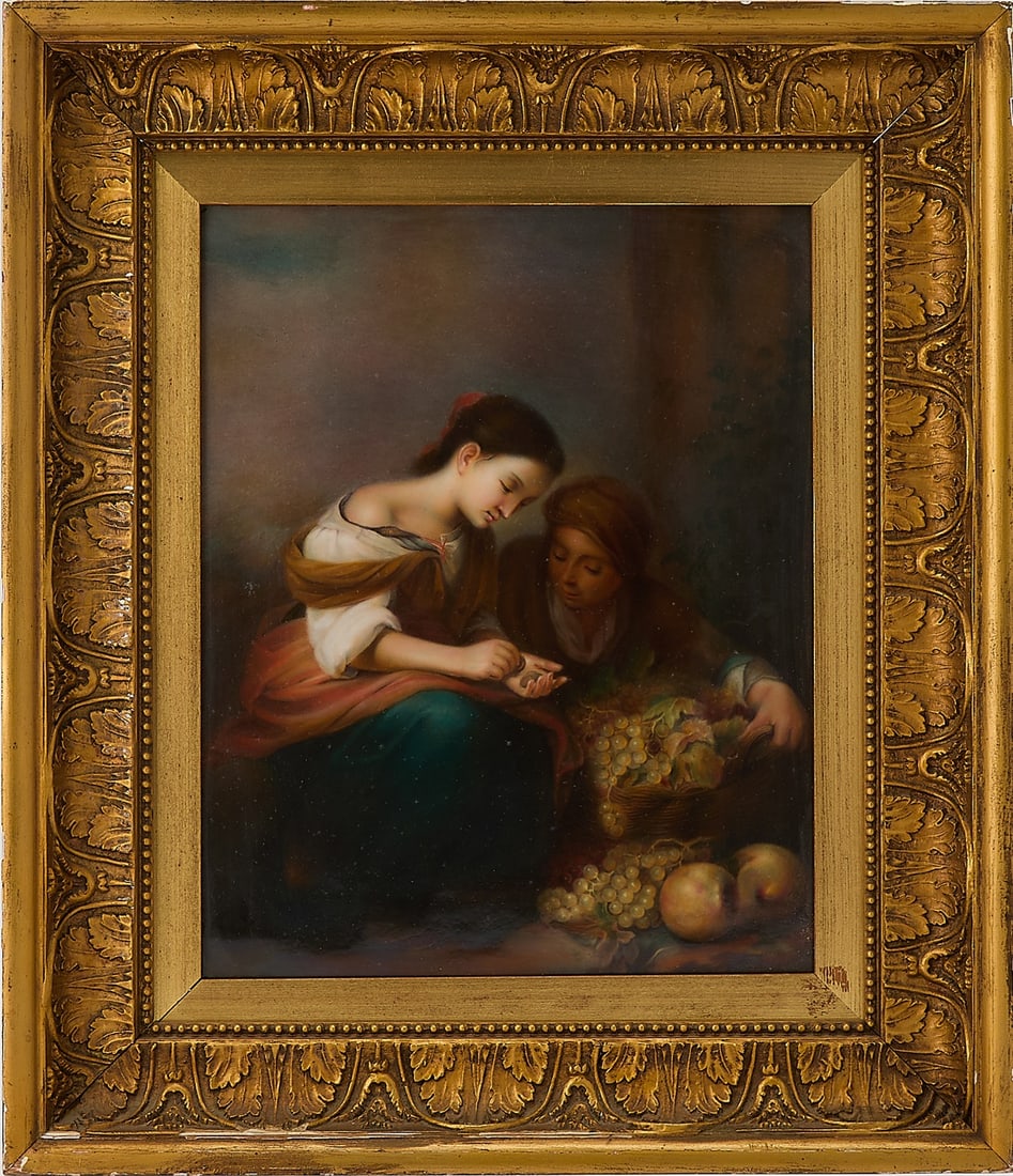 KPM Porcelain Plaque Titled The Little Fruit Sellers: After a painting by Bartolomeo Esteban MurilloThe back marked KPM and the scepter mark.Height 12 1/2 inches, width 9 3/4 inches; frame height 18 1/4 inches, width 15 3/4 inches.