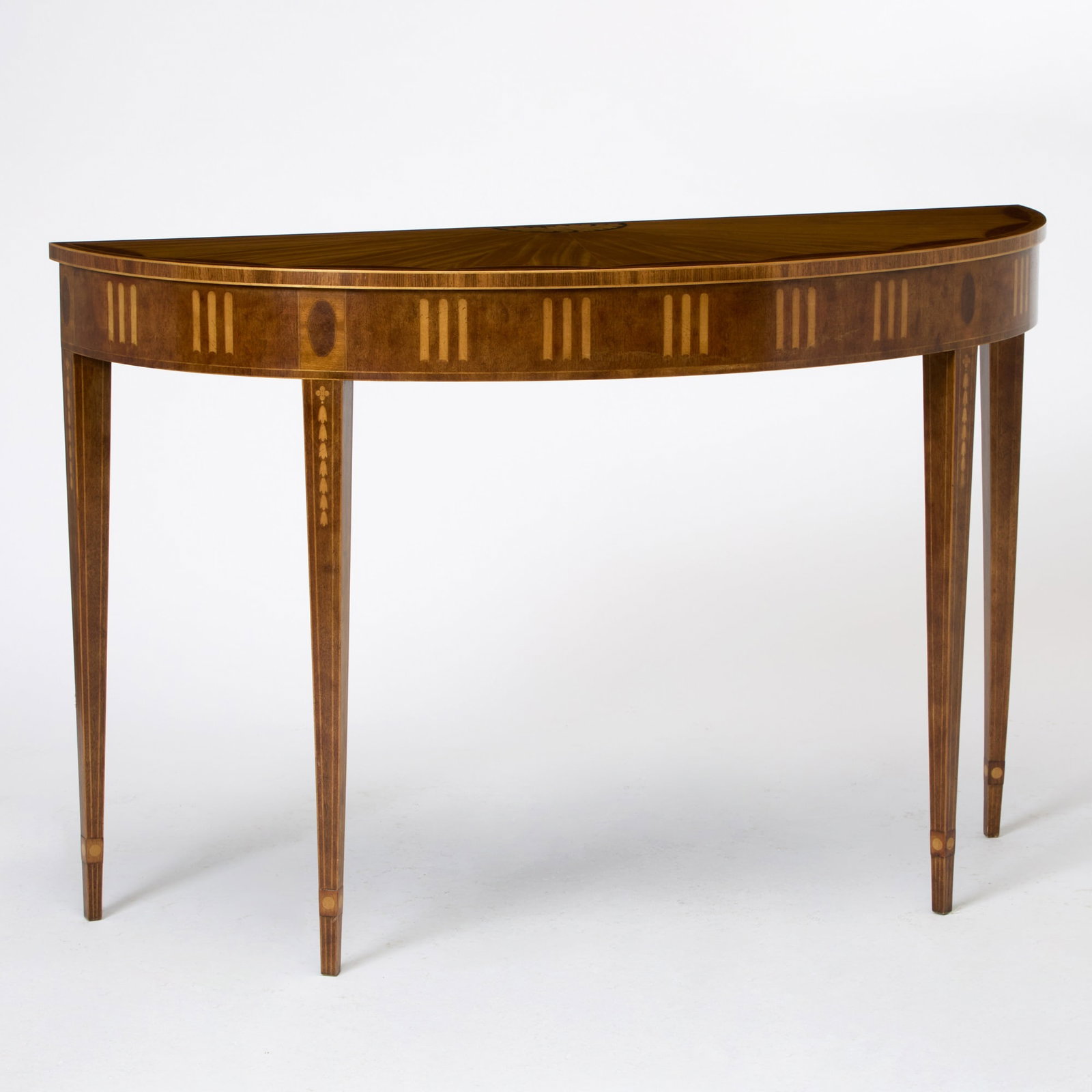 Baker George III Style Inlaid Mahogany Demilune Console: Height 33 1/2 inches, width 51 inches, depth 19 1/2 inches. minor wear and scratches