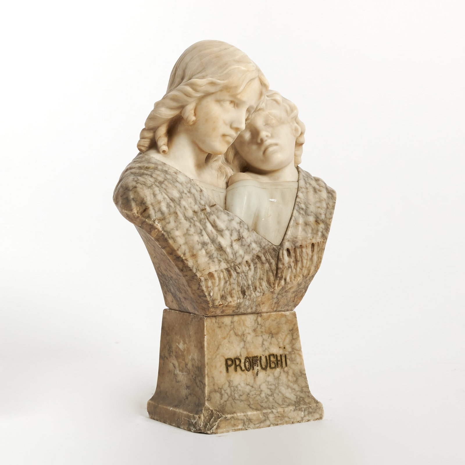 Italian Marble and Alabaster Figural Bust of a Mother Embracing Her Child: Circa 1900Height 21 1/2 inches.