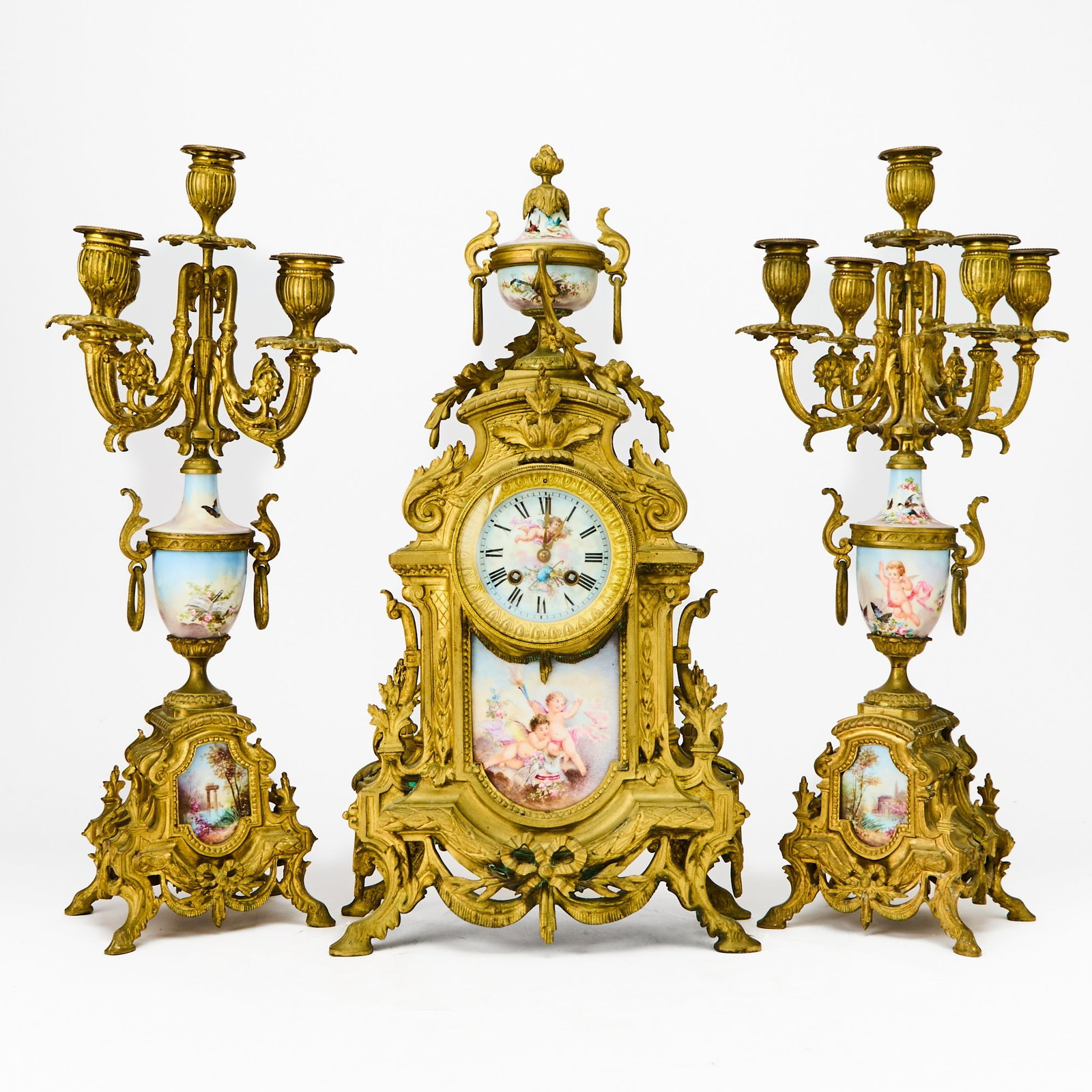 Louis XVI Style Gilt-Bronze and Porcelain Three-Piece Clock Garniture (1 of 10)