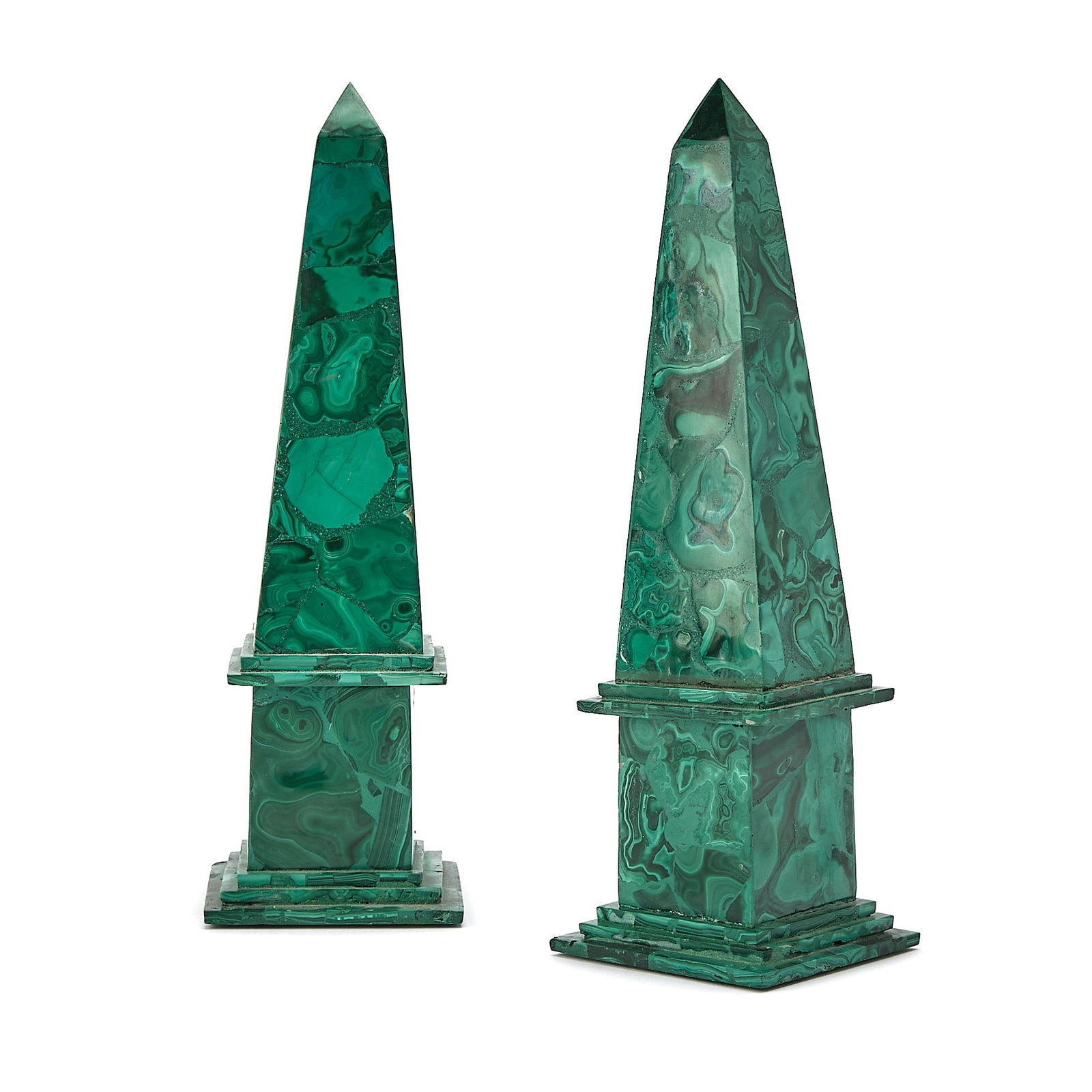 Pair of Malachite Obelisks: 20th Century Height 10 inches. a few minor chips