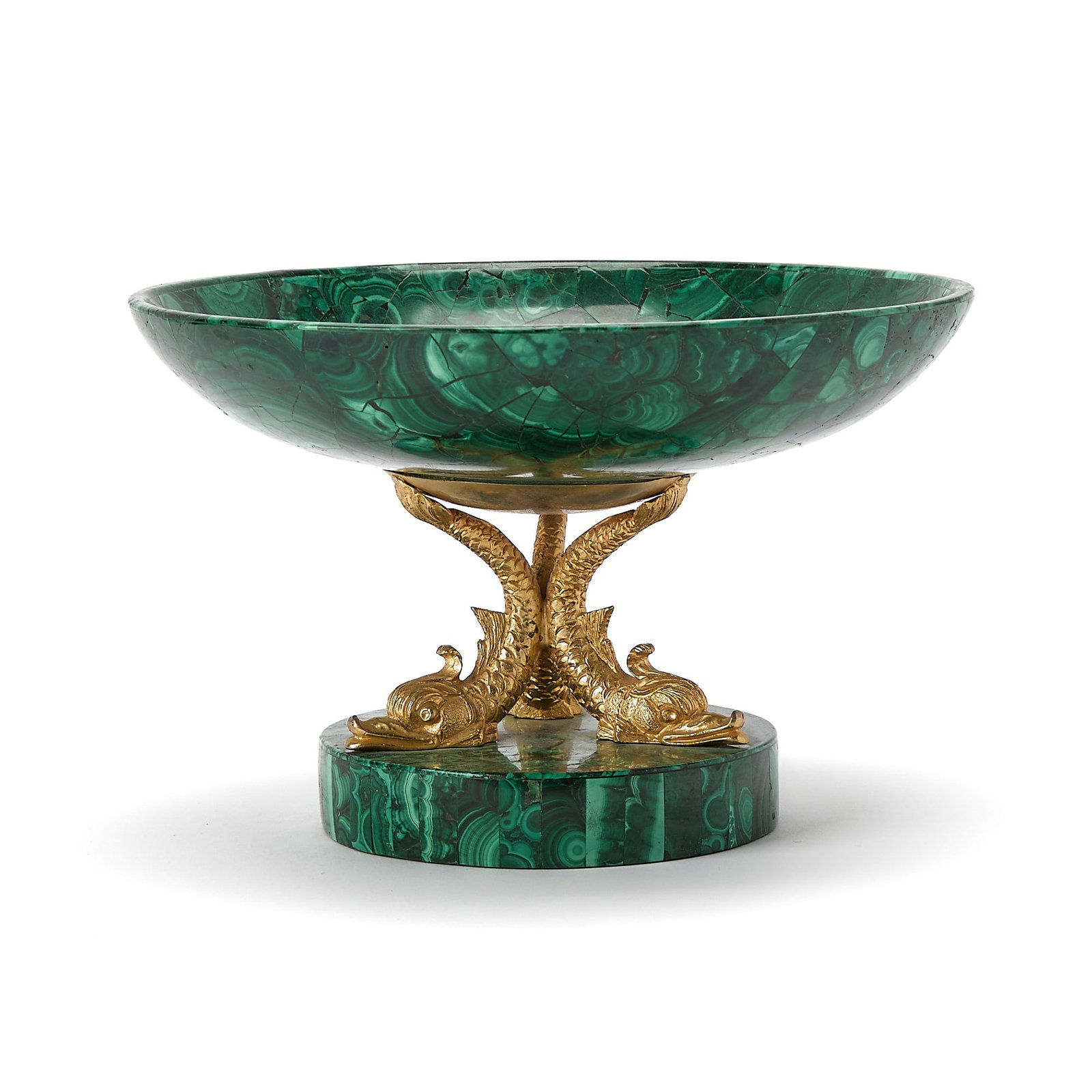 Continental Gilt-Bronze and Malachite Tazza: Early 20th century Height 5 1/8 inches, diameter 8 inches.