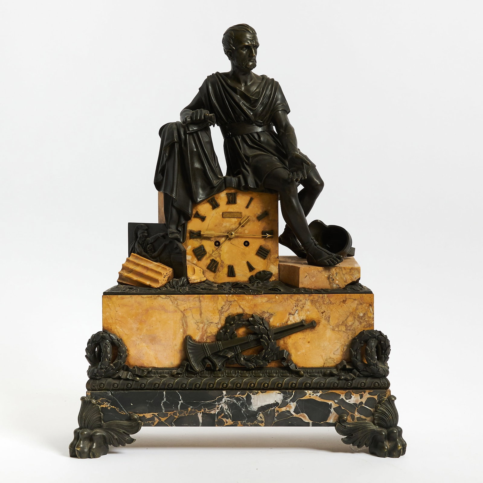 Empire Style Patinated Bronze and Marble Mantel Clock: Paul Garnier, late 19th century Height 26 inches, width 18 inches, depth 7 1/2 inches.