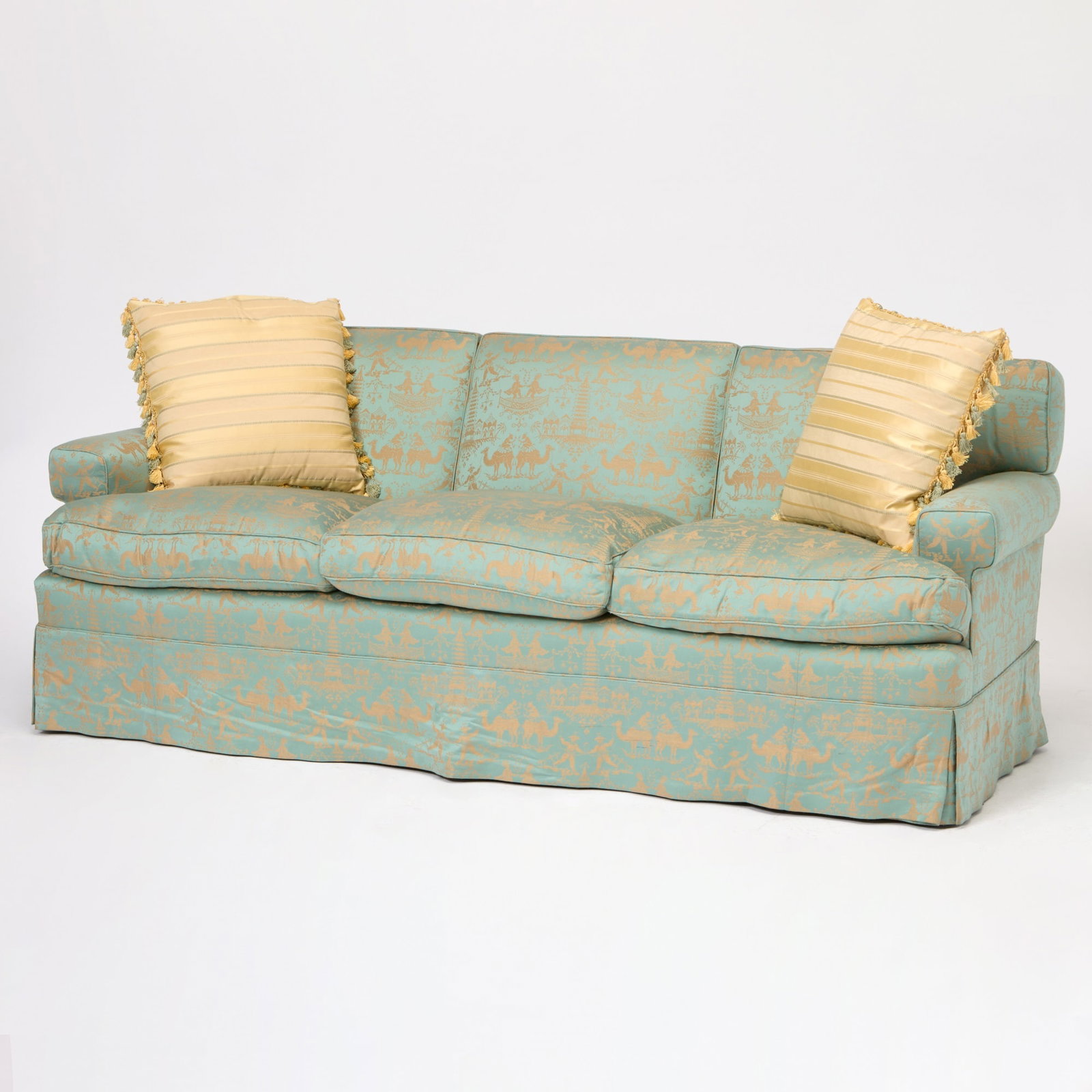 Silk Upholstered Sofa: Second half 20th centuryWith a tight back and loose-cushion seats, covered in a chinoiserie print fabric, with two cushions. Height 33 inches, width 80 inches, depth 30 inches