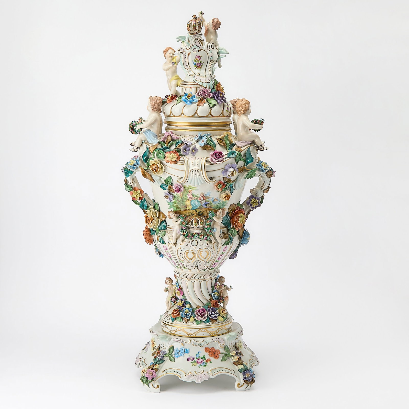 Dresden Porcelain Figural and Flower Encrusted Vase (1 of 10)