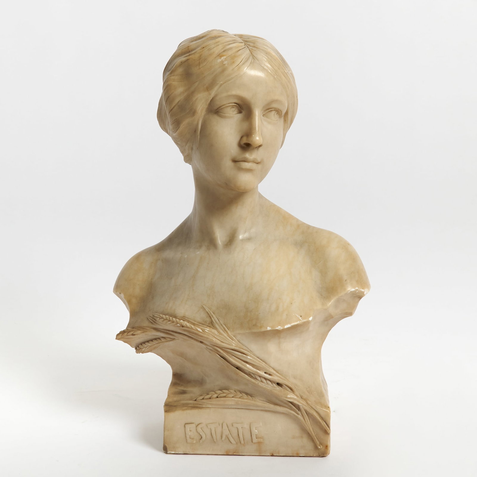 Italian Carved Alabaster Bust of Woman: Circa 1900 Inscribed ESTATE. Height 22 inches.