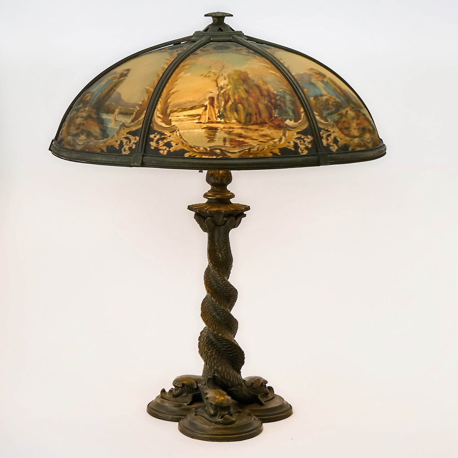Bradley & Hubbard Reverse-Painted Glass and Patinated Metal Scenic Table Lamp (1 of 10)