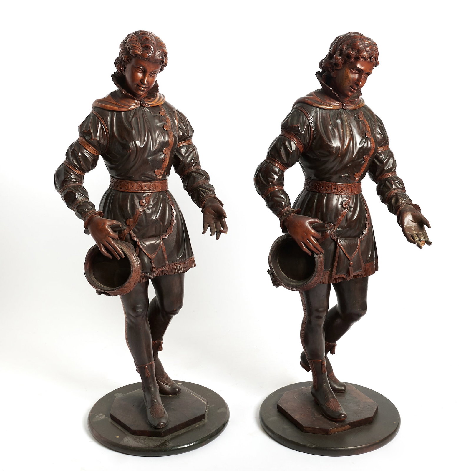 Pair of Italian Carved Wood Figures: Height 49 inches. repairs and losses to fingers