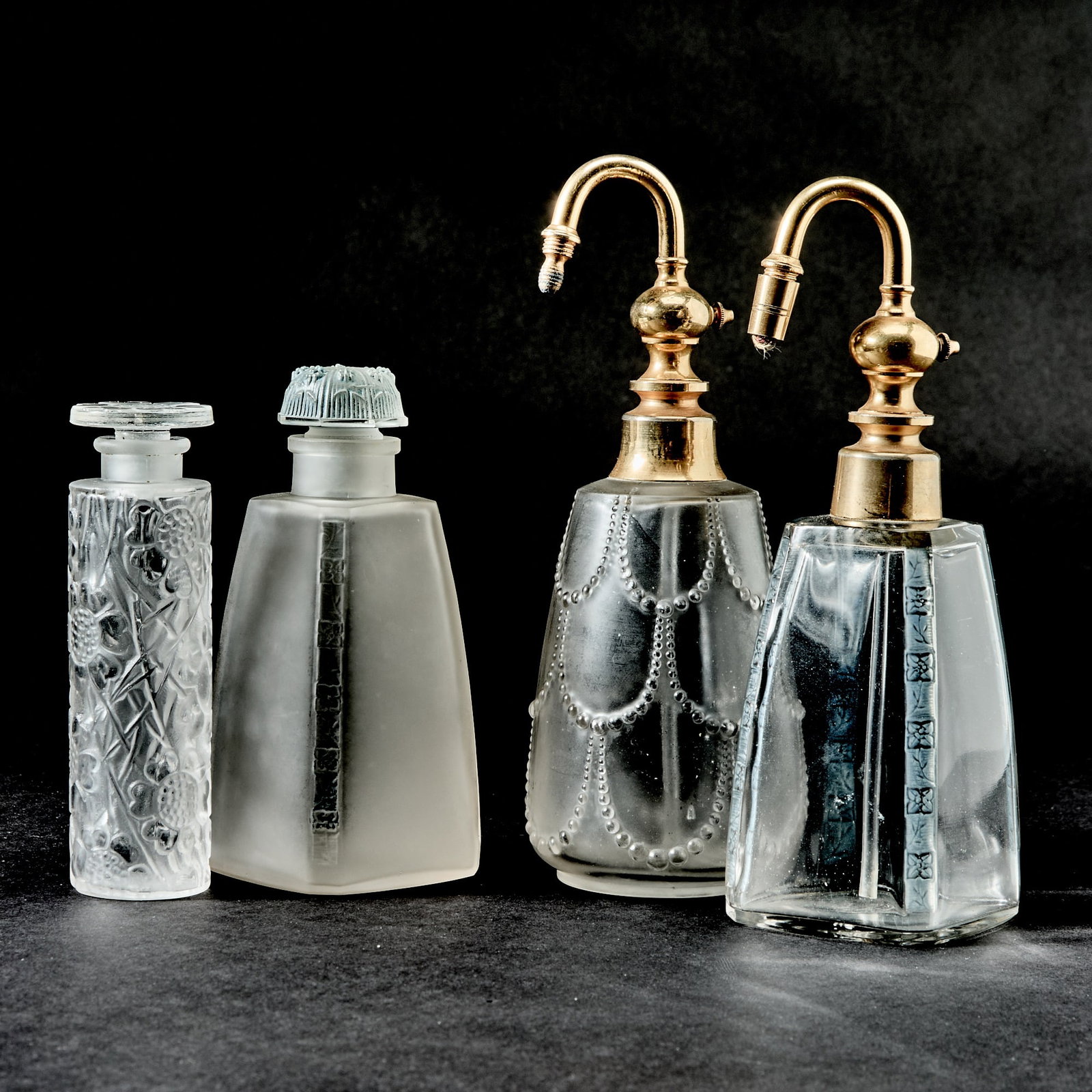 Two Lalique Molded Glass Perfume Bottles and Two Perfume Atomizers (1 of 4)