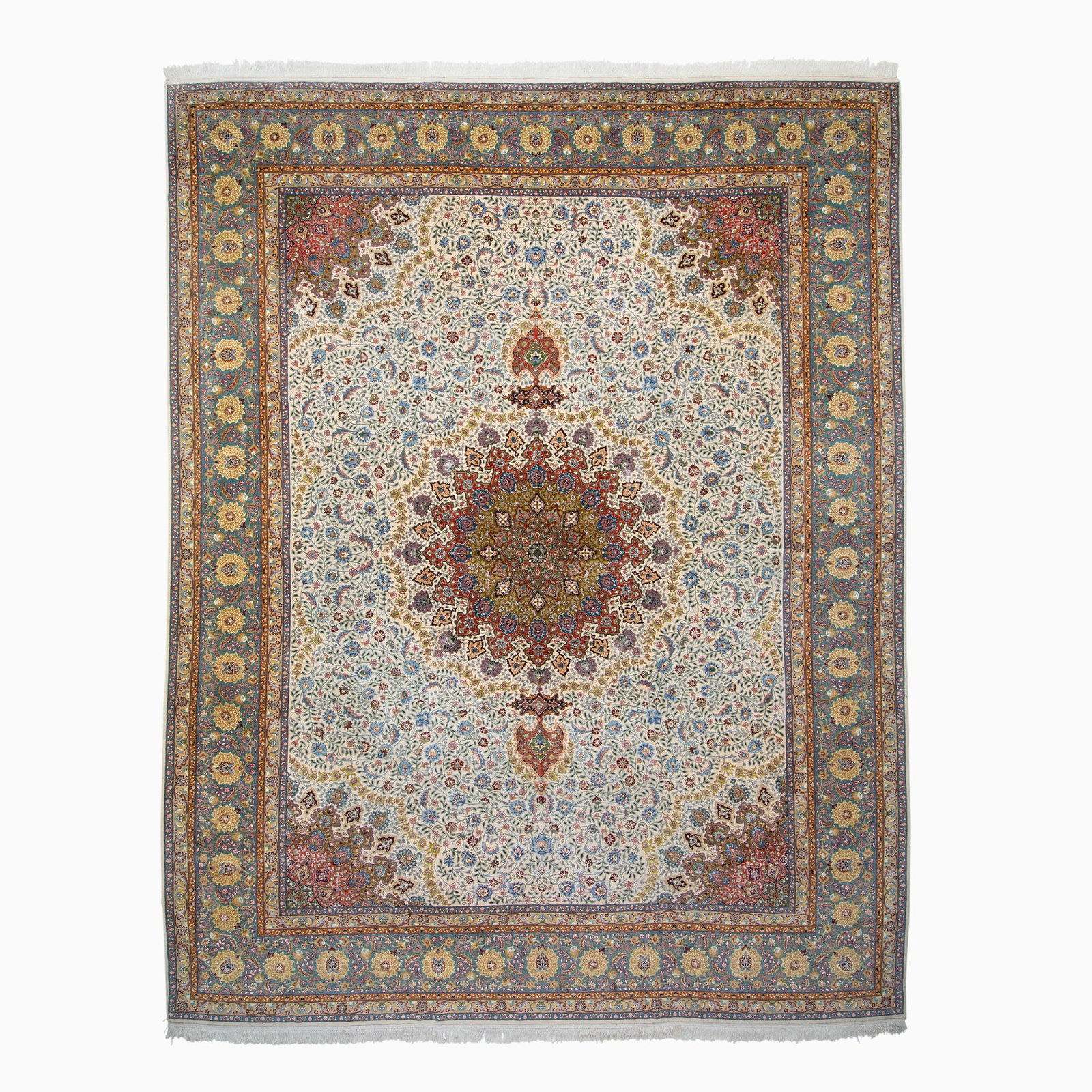 Kurkwool and Silk Tabriz Carpet: Northwest Iran, Contemporary The central circular pendant medallion flanked by complementary spandrels on the buff field is within an aqua palmette and vine border. Cotton foundation, 55 RAJ quality w