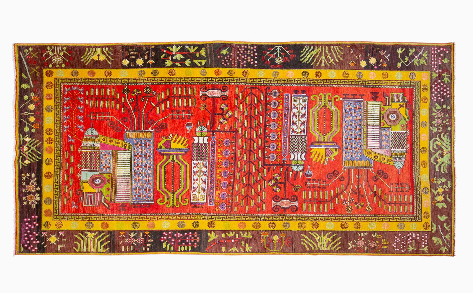 Khotan Carpet: East Turkestan, Circa 1935The amber field filled with flowering vases and stylized flora is within saffron and eggplant borders. (12' 9" x 6' 3") Re-piled areas throughout