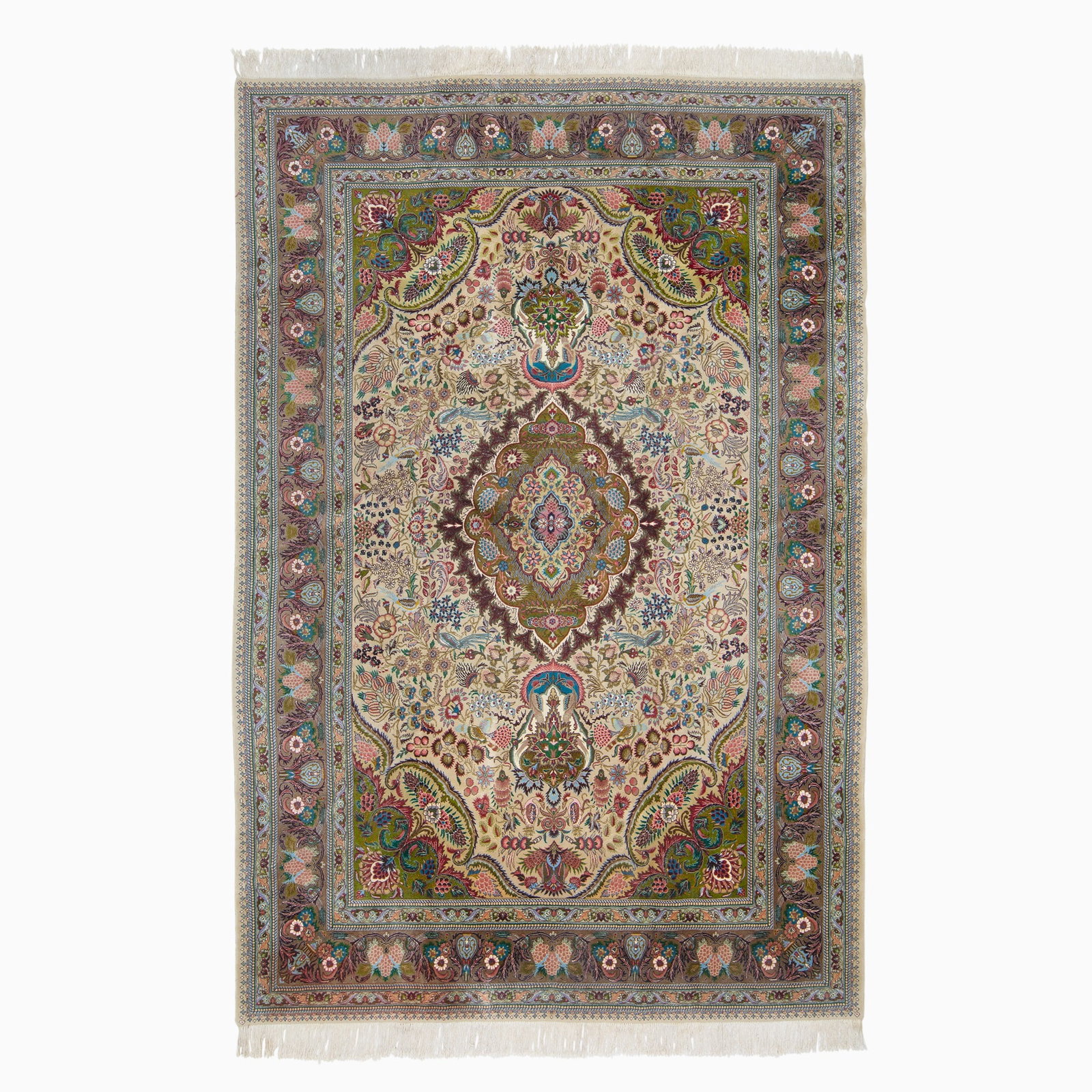 Kurkwool and Silk Tabriz Carpet: Northwest Iran, Contemporary The central oval pendant medallion flanked by birds and complementary spandrels on the buff field is within an ecru palmette and leafy vine border. Cotton foundation, appr