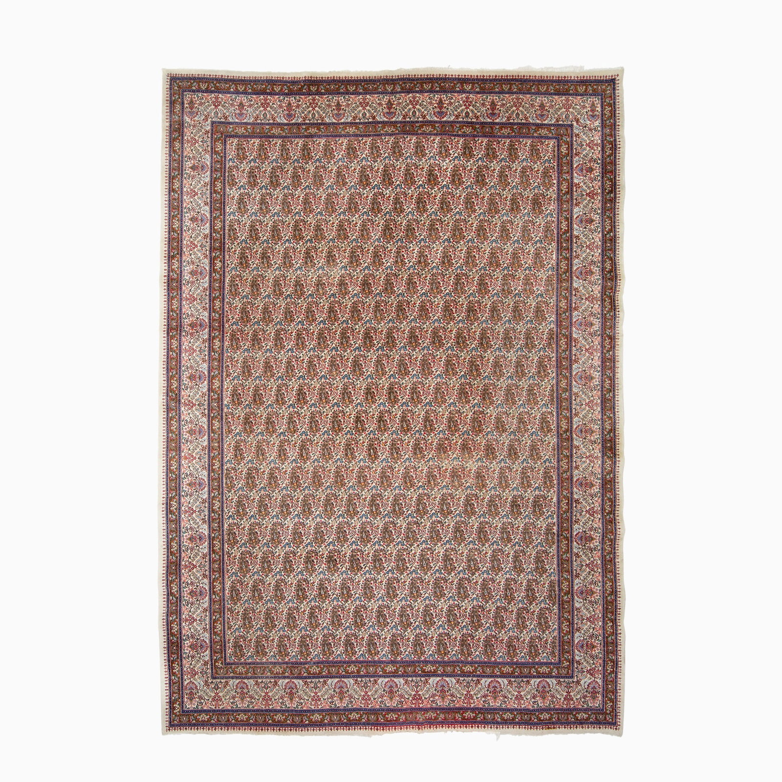 Khorassan Carpet: Northeast Iran, Last 1/4 20th CenturyThe allover polychrome boteh pattern on the ivory field is within a meandering floral vinery border. (12' 2" x 8' 9") Areas of wear, losses to fringes, minor
