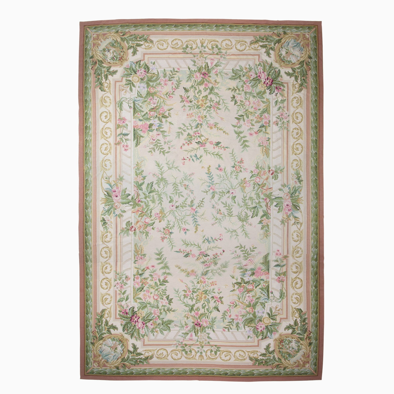 Needlepoint Carpet: China, ContemporaryThe buff field with polychrome floral vinery overall is within a scrolling acanthus leaf border. (17' 10" x 11' 11") Reduced in length