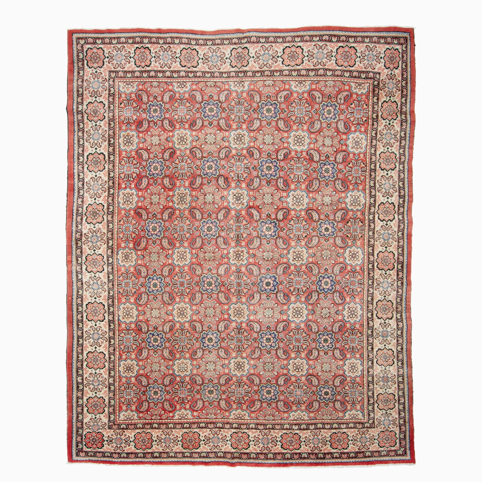 Mahal Carpet: Central Iran, ContemporaryThe pale madder field with an overall pattern of rosettes flanked by boteh is within an ivory border (12' 6" x 9' 8") Restored area to one side, minor wear