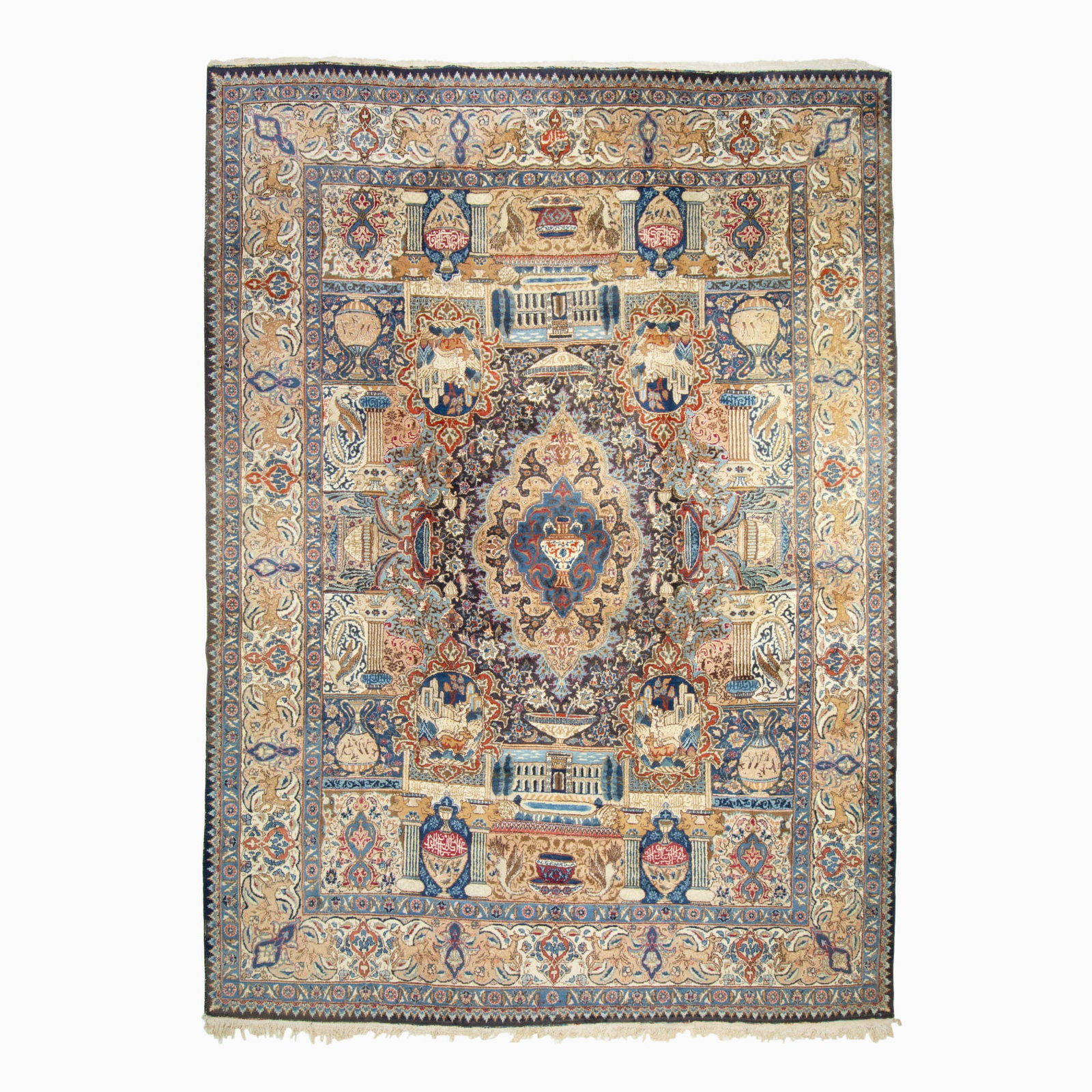 Kashmar carpet: East Iran, Late 20th CenturyThe central scalloped medallion flanked by pictorial cartouches and vases is within an ivory deer and palmette border. Signed. (13' 6" x 10' 0") Minor moth damage on