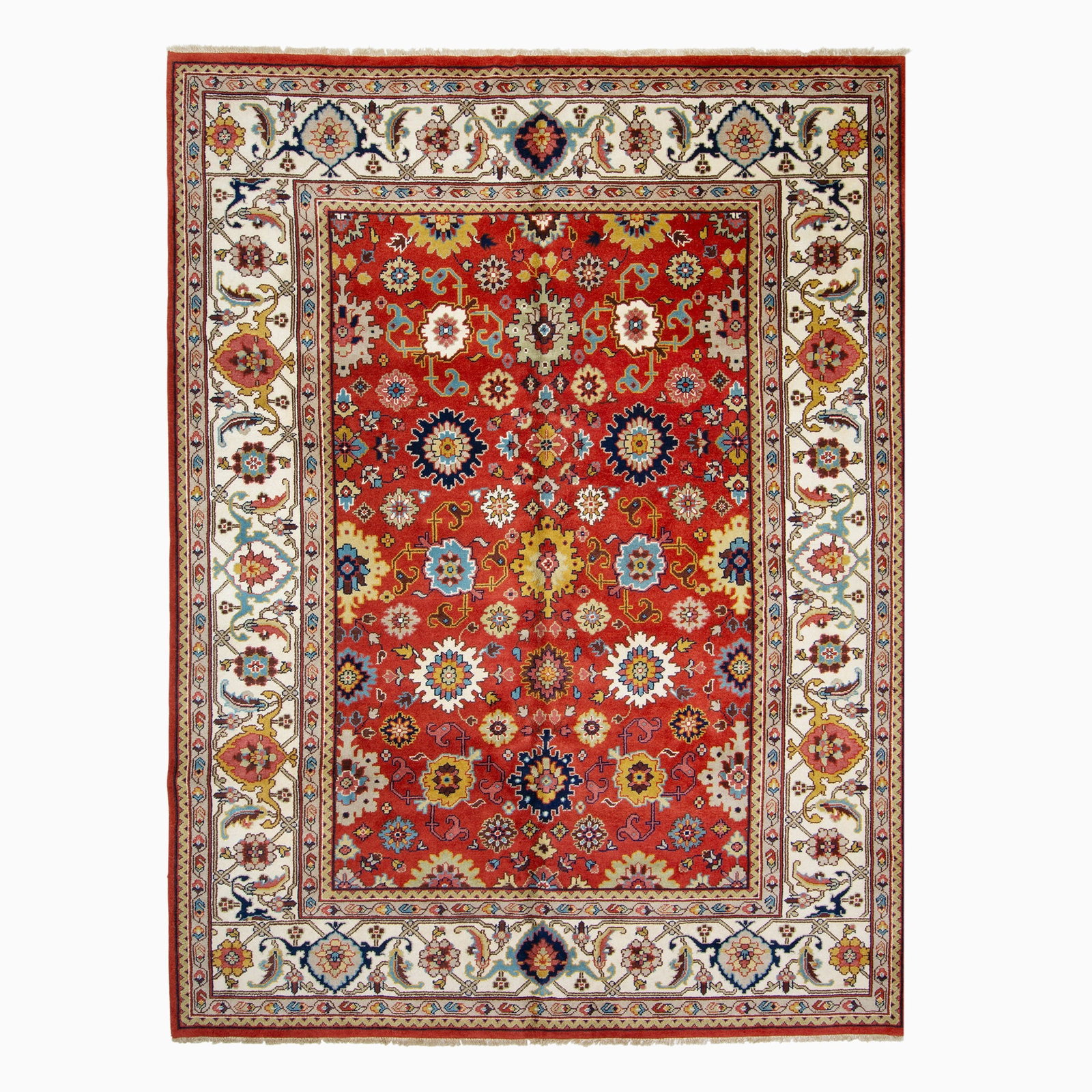 Indo Mahal Carpet: India, ContemporaryThe overall polychrome Harshang pattern on the madder field is within an ivory palmette and vine border. (11' 11" x 9' 0")