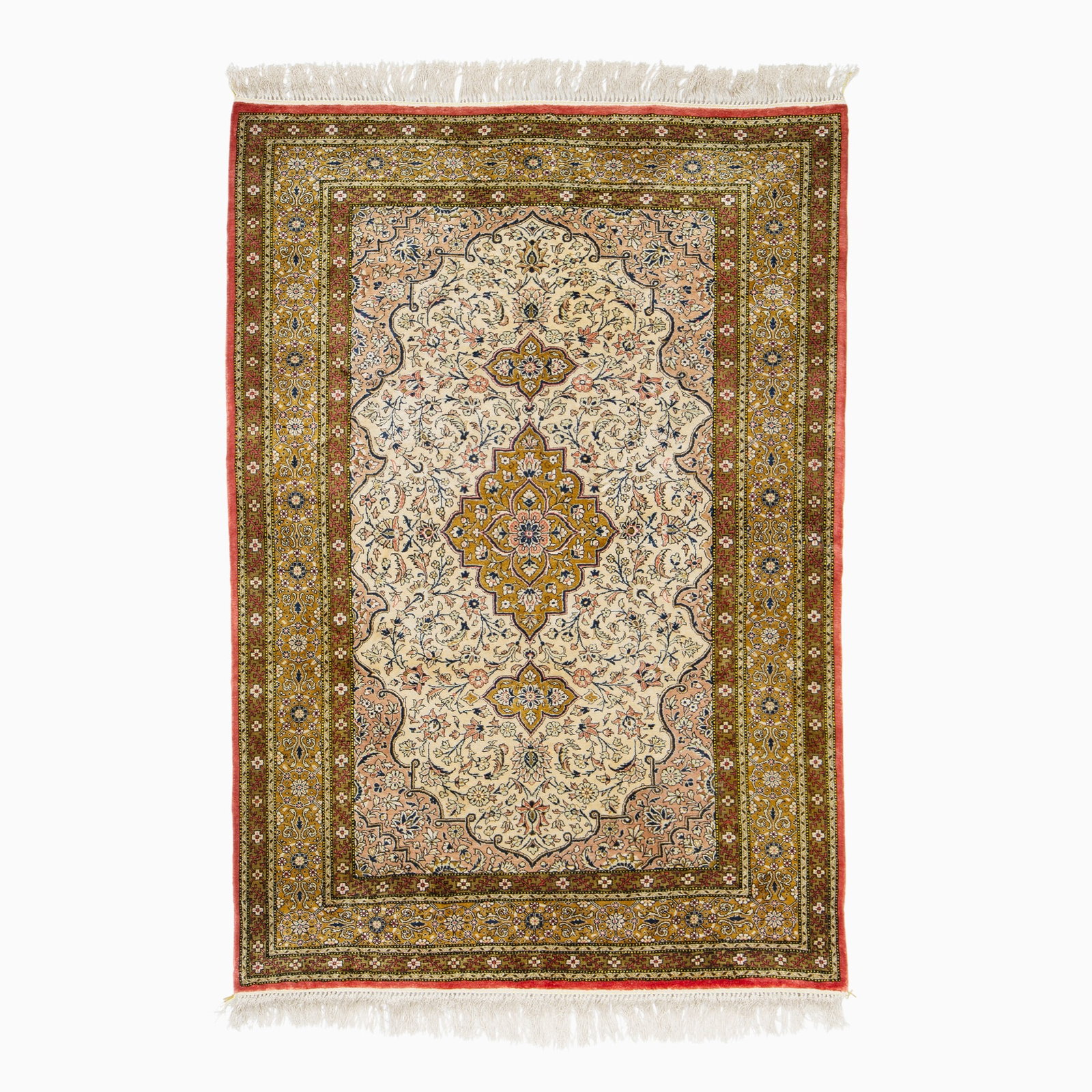 Qum Silk Rug: Central Iran, Late 20th CenturyThe central pendant medallion on the ivory field flanked by terracotta spandrels is within a gold rosette border. 504 kpsi (24V x 21H) (4' 10" x 3' 5")