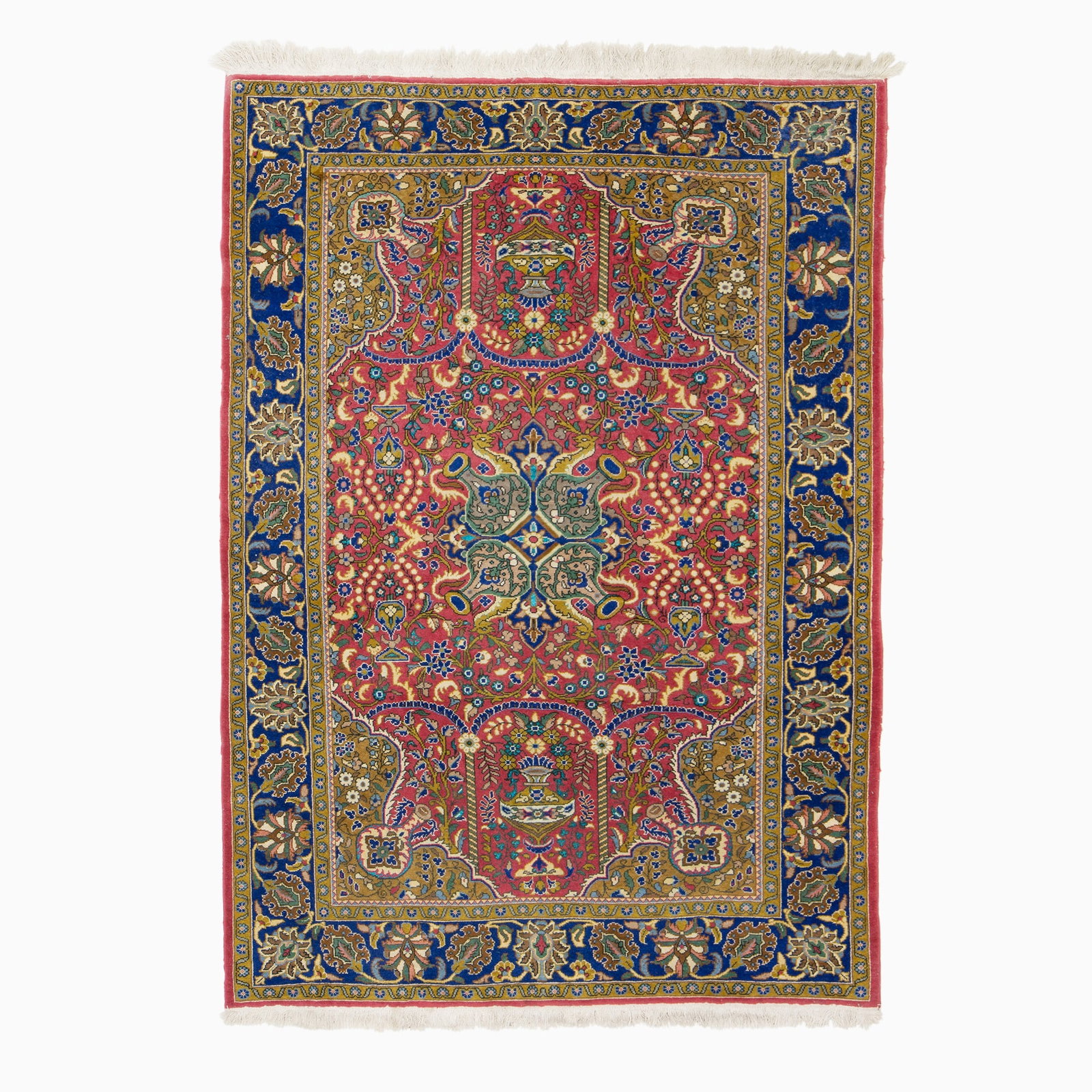 Qum Wool Rug: Central Iran, 2nd 1/2 20th CenturyThe central medallion flanked by flowering vases and gold spandrels is within an indigo palmette and meandering vine border. Silk highlights, 182 kpsi. (5' 2" x 3'