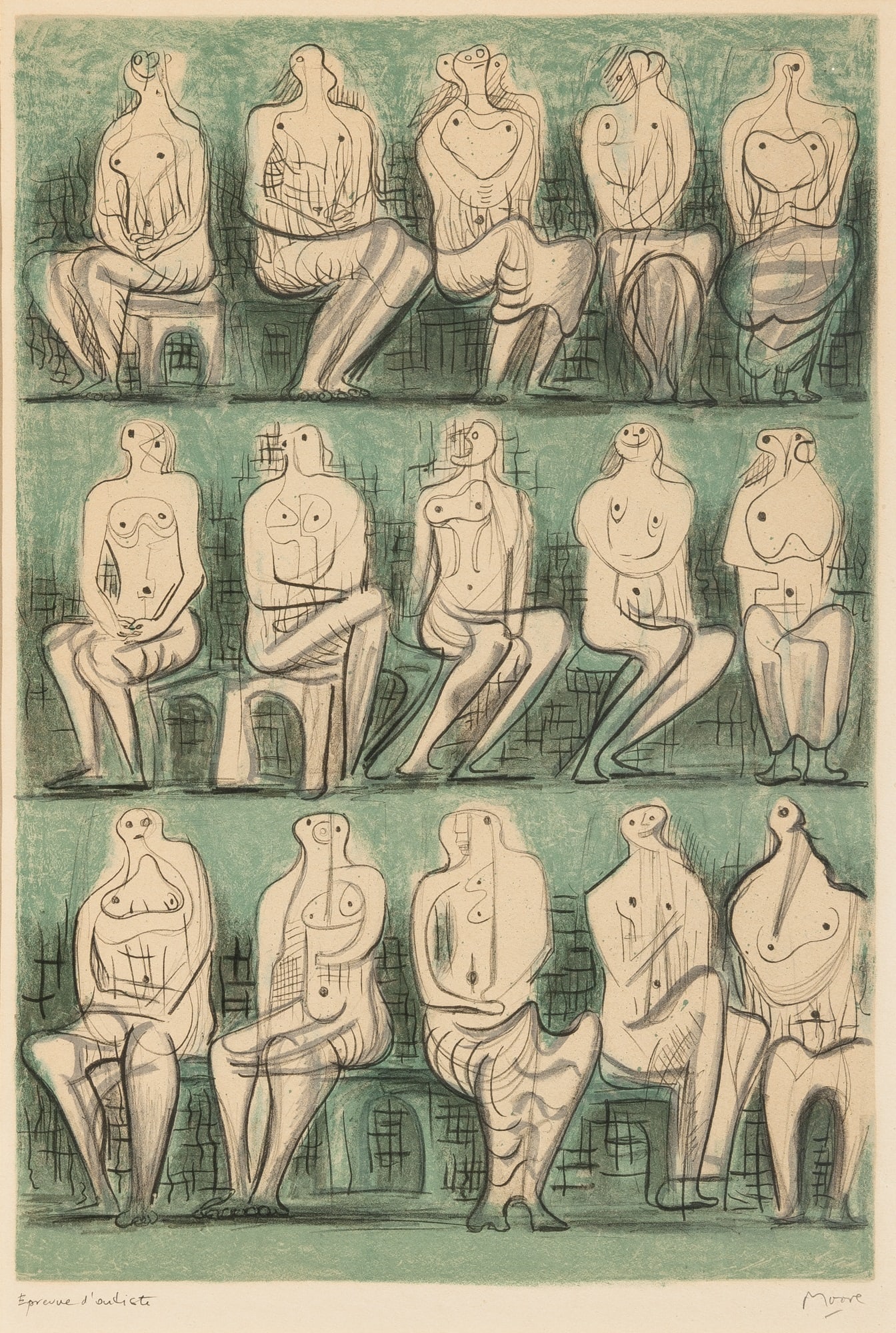 Henry Moore (1898-1986): SEATED FIGURES (CRAMER 37) Color lithograph, 1957, on Arches paper, signed and inscribed Epreuve d’Artiste in pencil, an artist's proof aside from the edition of 200, printed by Mourlot, Paris, 