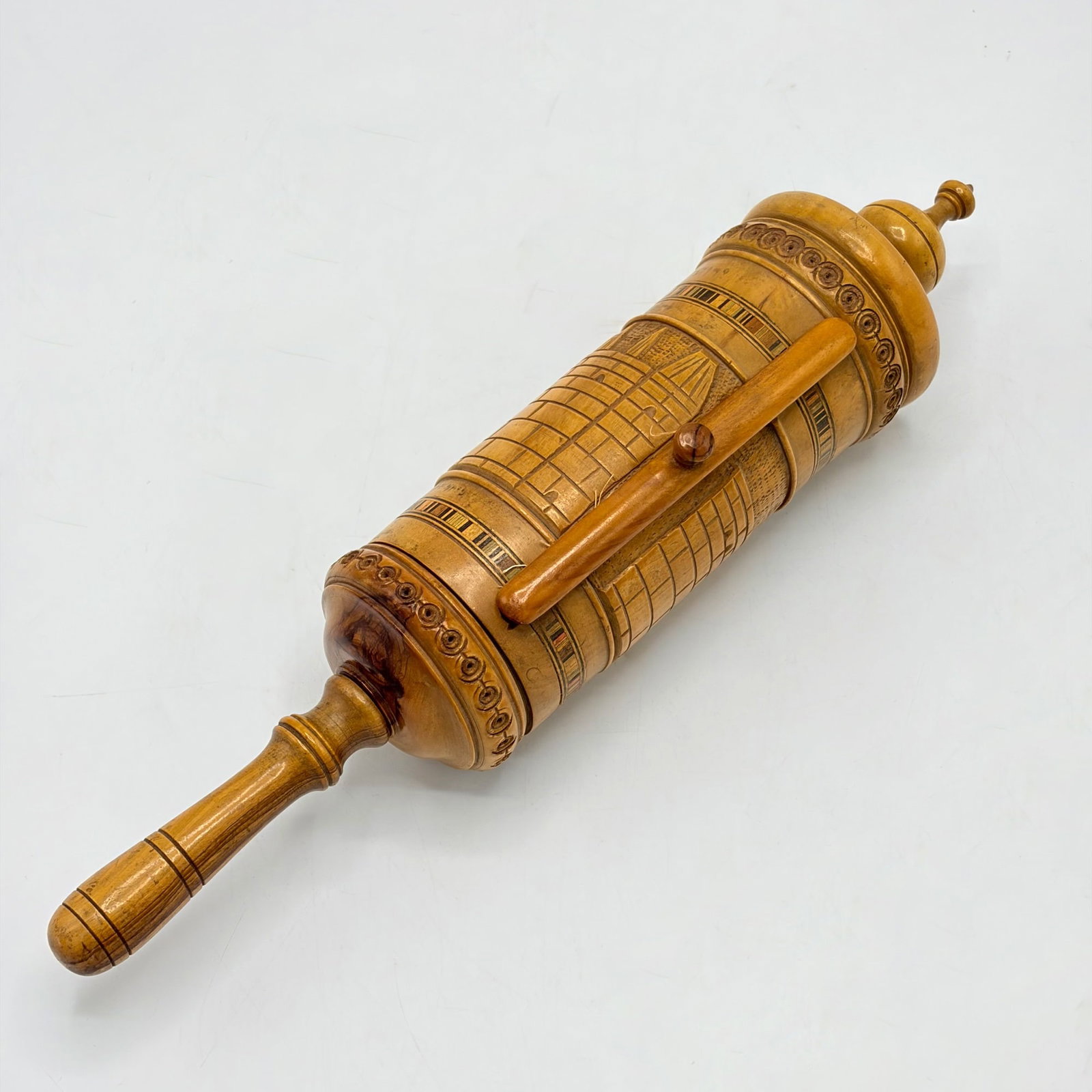 Ink on Parchment Esther Scroll in Carved Olive Wood Case: Length 13 3/4 inches