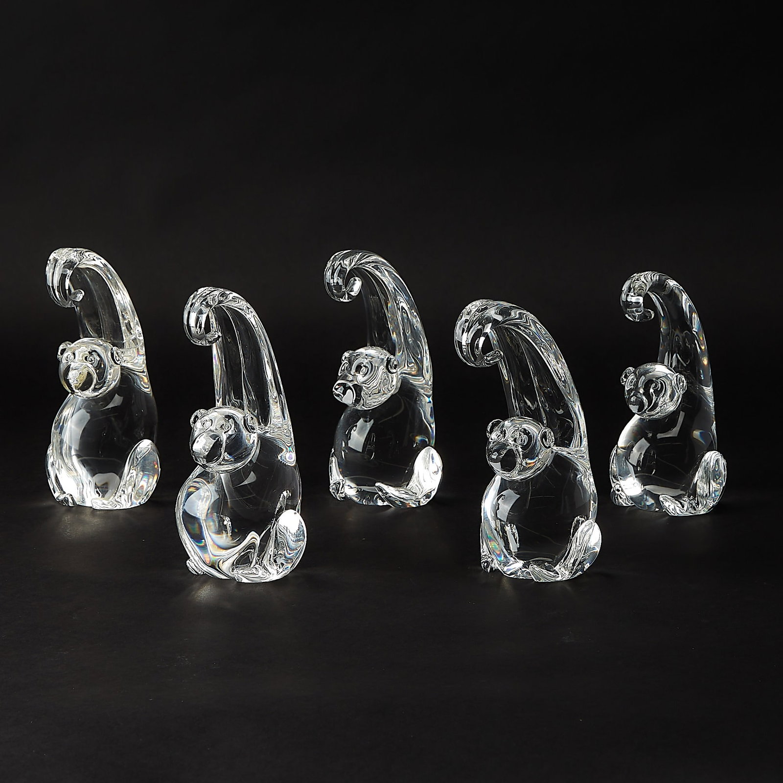 Set of Five Steuben Glass Monkeys: Height 6 1/2 inches.