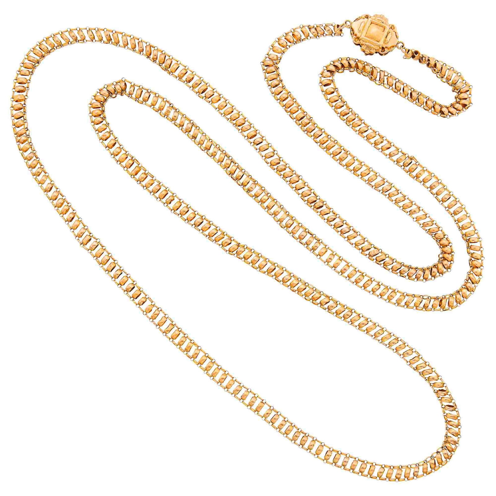 Antique Long Gold Muff Chain: C. 1830, ap. 64.7 dwts. Length 77 inches.