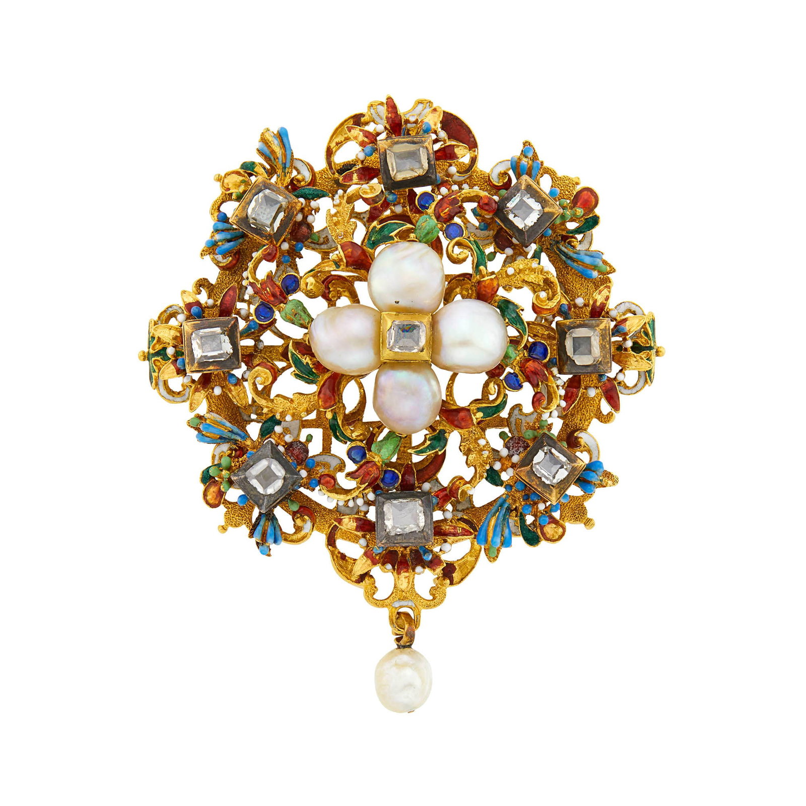 Antique Gold, Enamel, Baroque Pearl and Diamond Pendant-Brooch: Red, green, blue, and white enamel, minor to moderate enamel loss, 5 pearls, 8 table-cut diamonds, c. 1870, enamel loss, ap. 29 dwts.