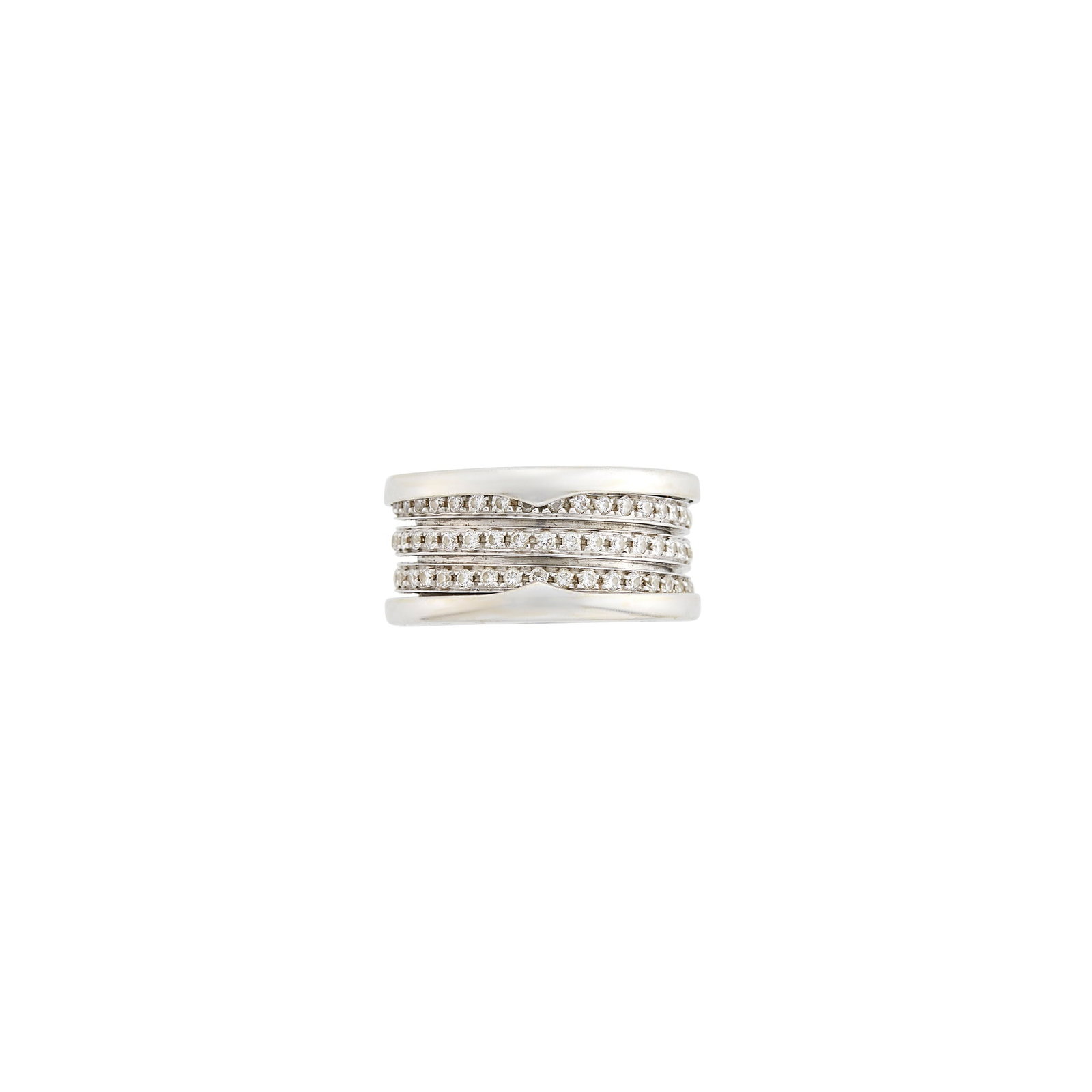 Bulgari Wide White Gold and Diamond 'B.Zero1' Band Ring: 18 kt., small round diamonds ap. .95 ct., engraved 'Bvlgari Bvlgari', signed Bulgari, Made in Italy, with Italian assay mark, ap. 8.7 dwts. Size 5 1/4 (51).