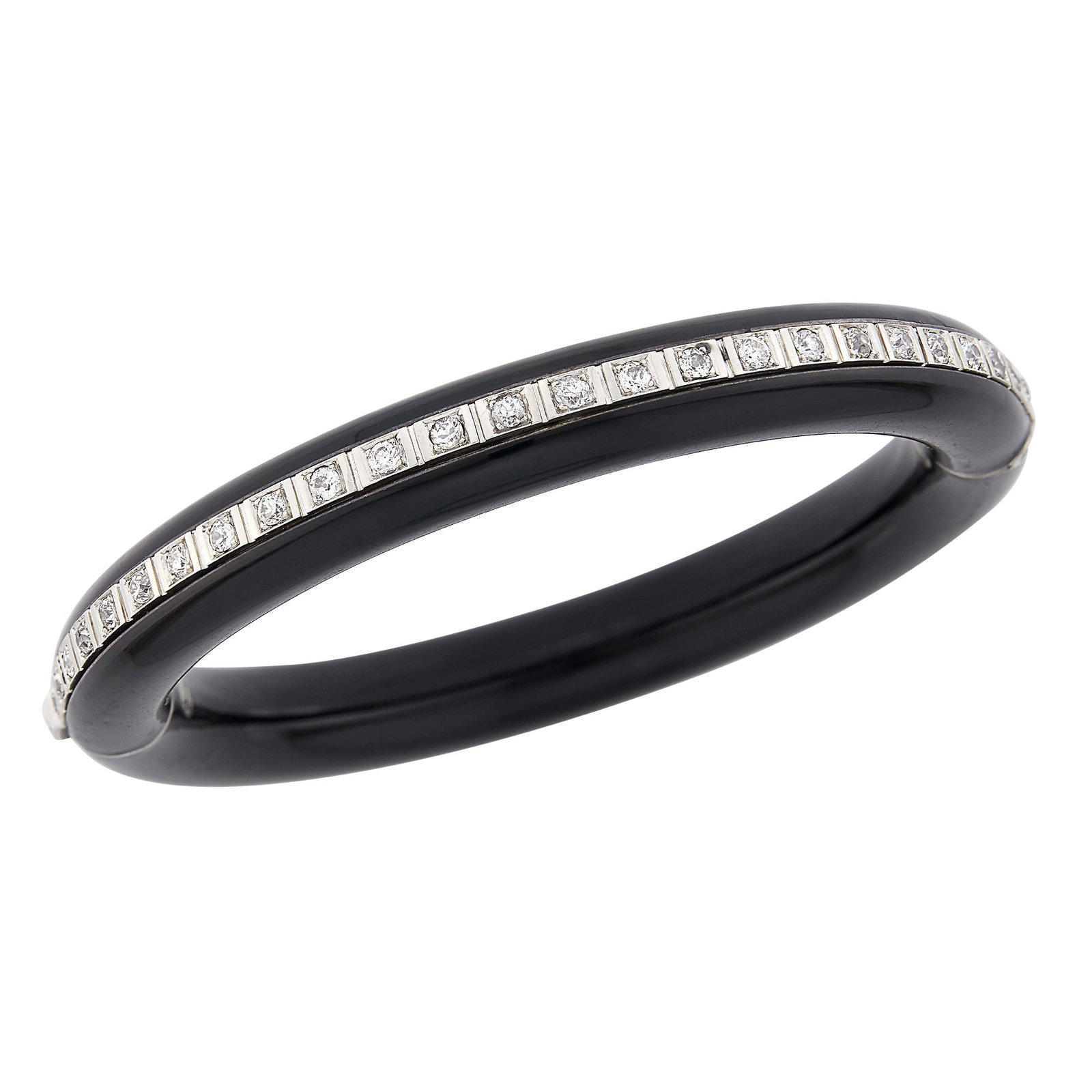 Platinum, White Gold, Black Lacquer and Diamond Bangle Bracelet: 51 old European-cut diamonds ap. 2.00 cts., with French import mark, ap. 27.2 dwts. gross. Inner cir. 7 1/4 inches.