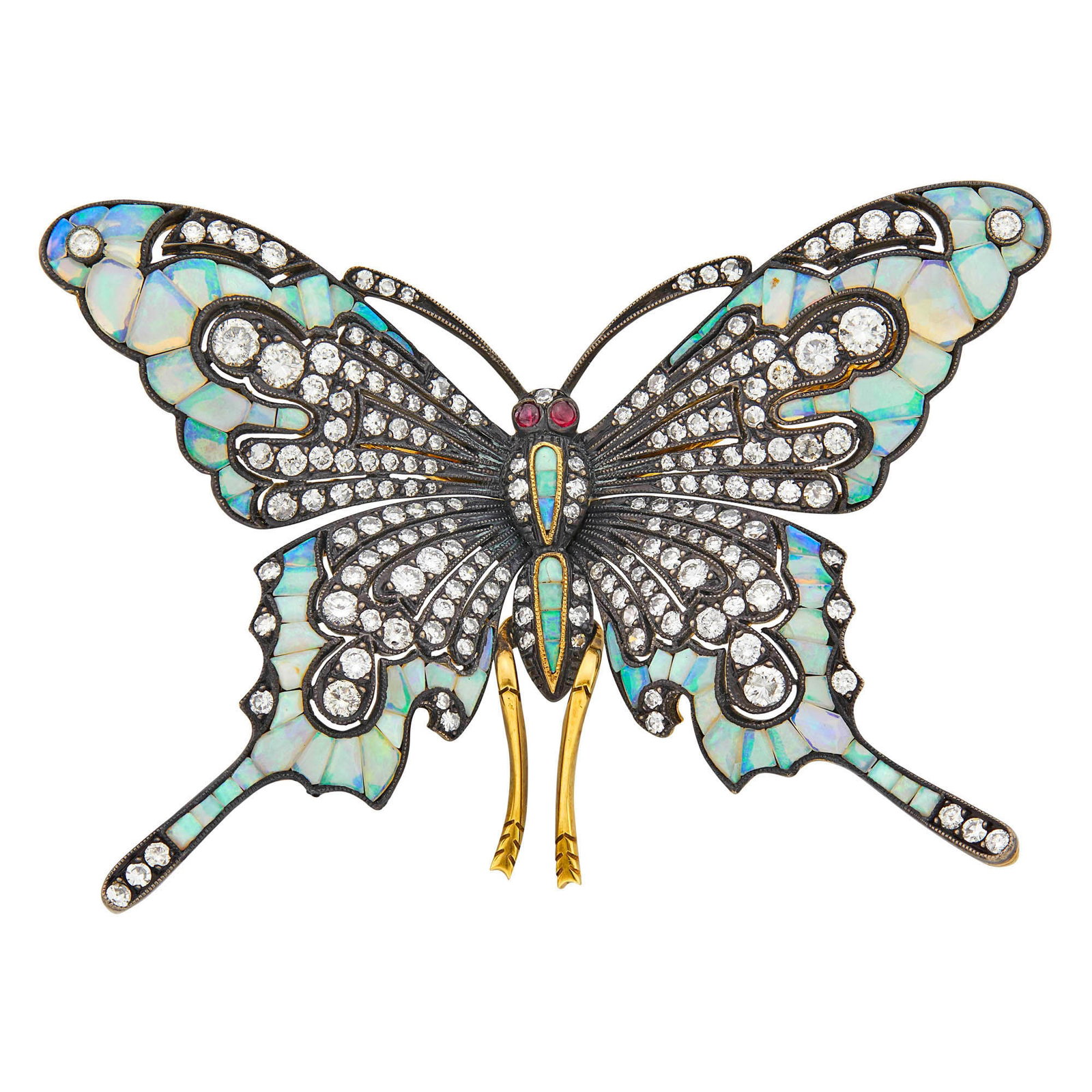 Blackened Silver, Gold, Opal and Diamond Butterfly Brooch (1 of 1)