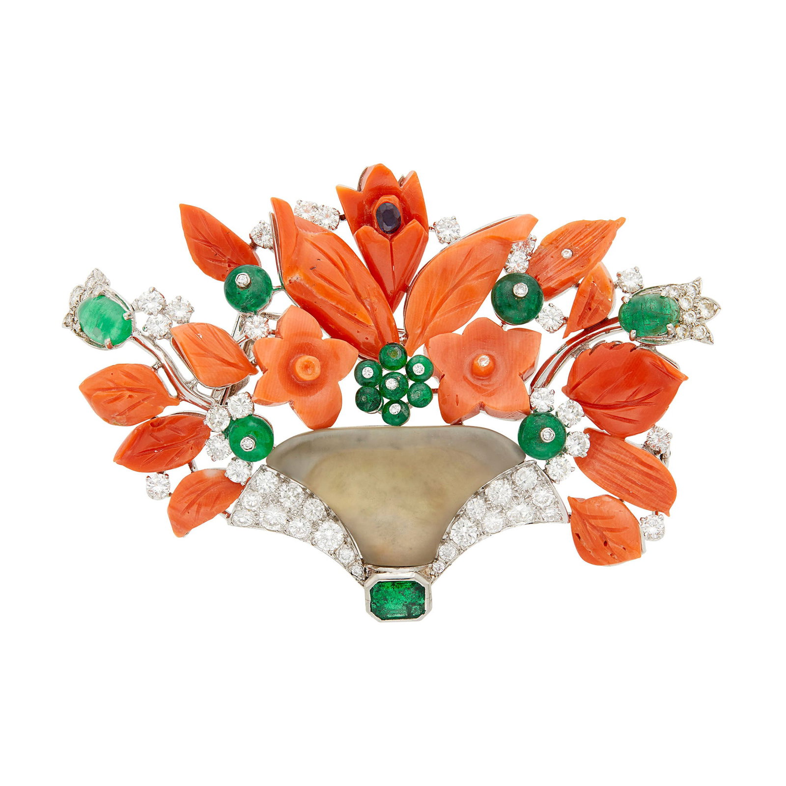Platinum, Frosted Rock Crystal, Carved Coral, Diamond and Emerald Bouquet Clip-Brooch: Frosted rock crystal vase, carved coral flowers and leaves, one oval sapphire, one emerald-cut emerald and 2 oval cabochon emeralds, 11 emerald beads, 52 round diamonds ap. 3.00 cts., 9 small round di